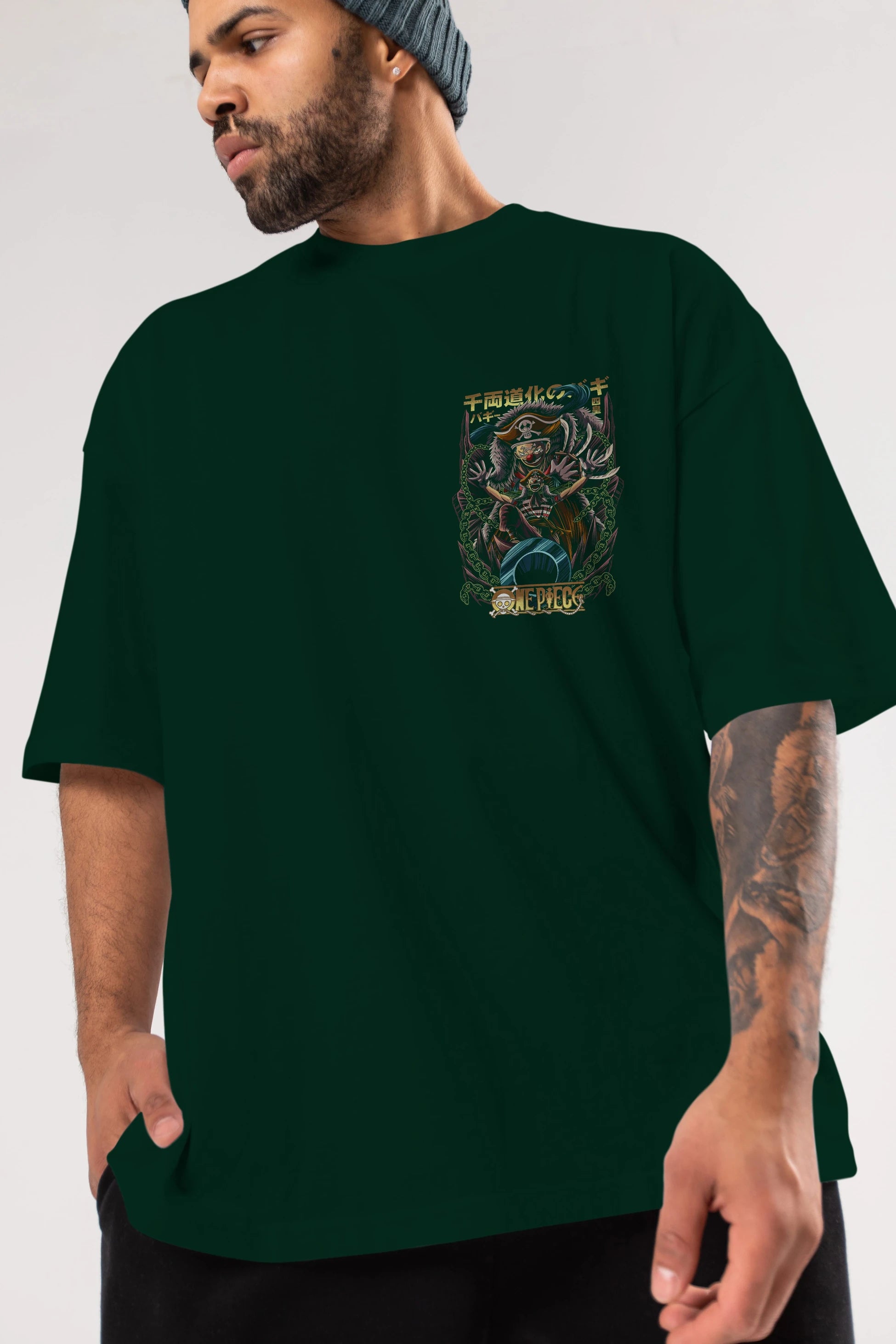 ONE PIECE (5) Ön Sol Baskılı Oversize t-shirt Erkek Kadın Unisex %100 Pamuk Bisiklet Yaka tişort