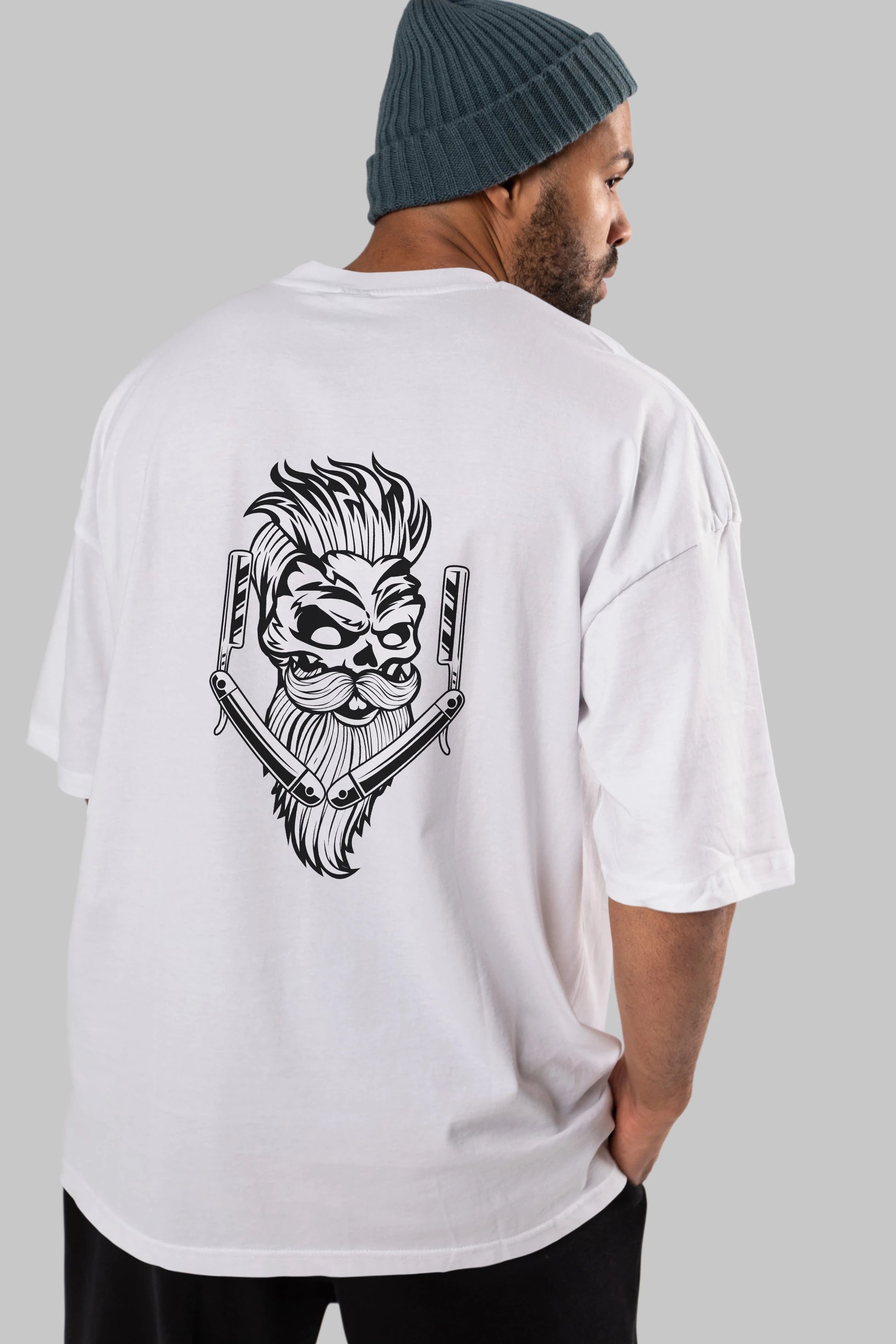 Skull Beard Arka Baskılı Oversize t-shirt Erkek Kadın Unisex %100 Pamuk tişort