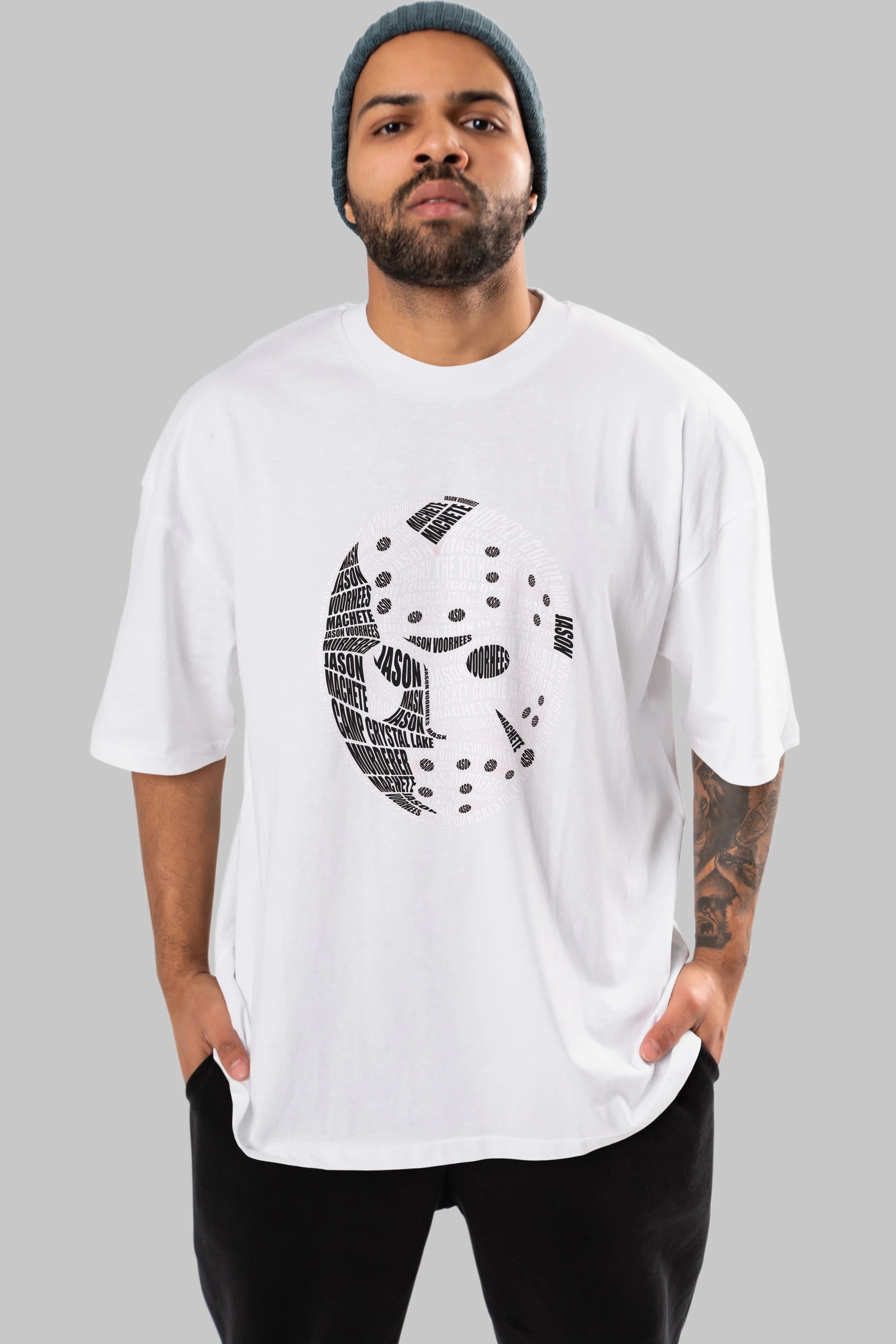 Jason Voorhees Calligram Ön Baskılı Oversize t-shirt %100 pamuk Erkek Kadın Unisex