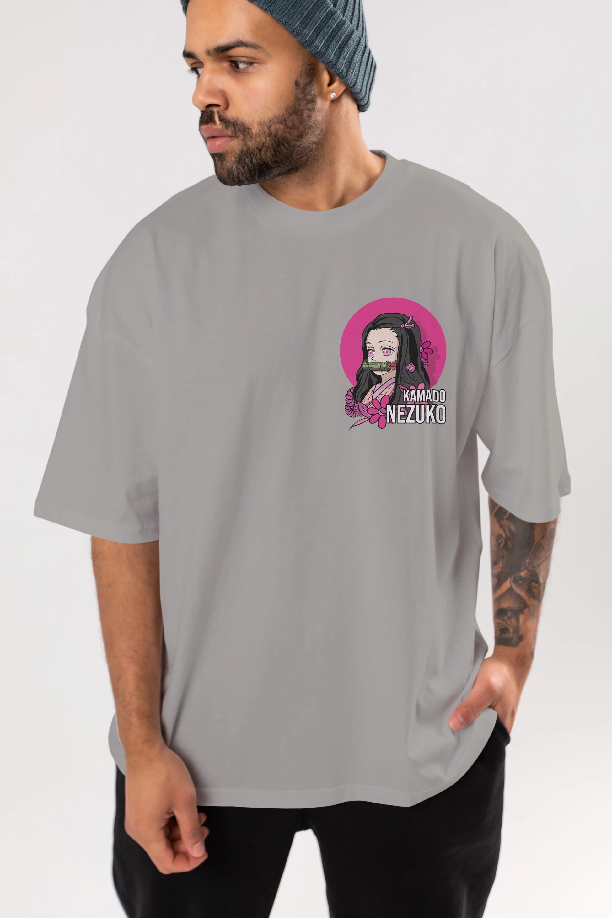 Nezuko Kamado 2 Ön Sol Baskılı Oversize t-shirt Erkek Kadın Unisex %100 Pamuk Bisiklet Yaka tişort