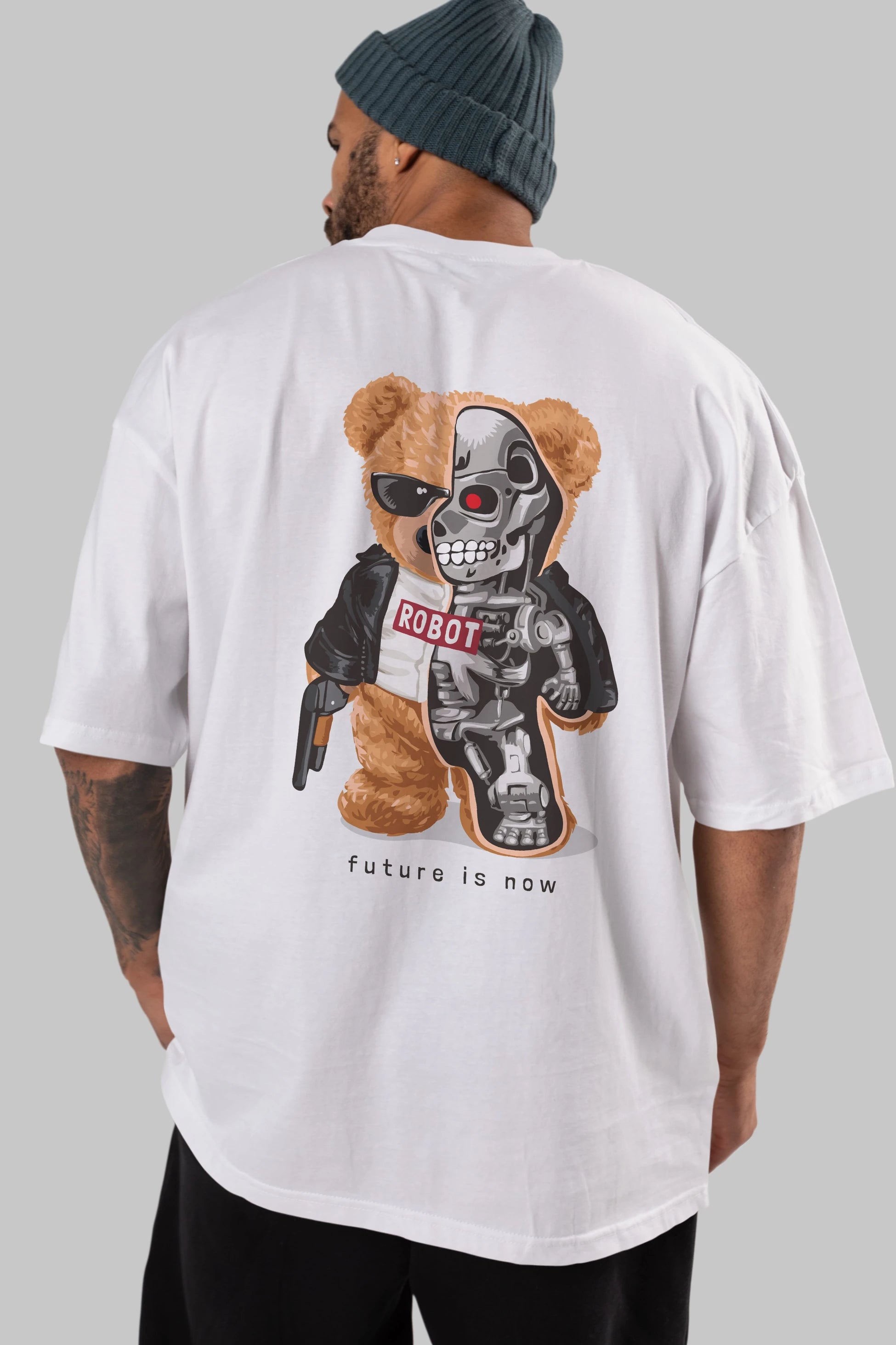 Teddy Bear Robot Arka Baskılı Oversize t-shirt Erkek Kadın Unisex %100 Pamuk