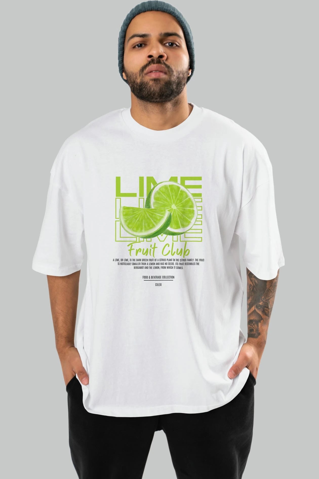 Lime Ön Baskılı Oversize t-shirt Erkek Kadın Pamuk Bisiklet Yaka tişort