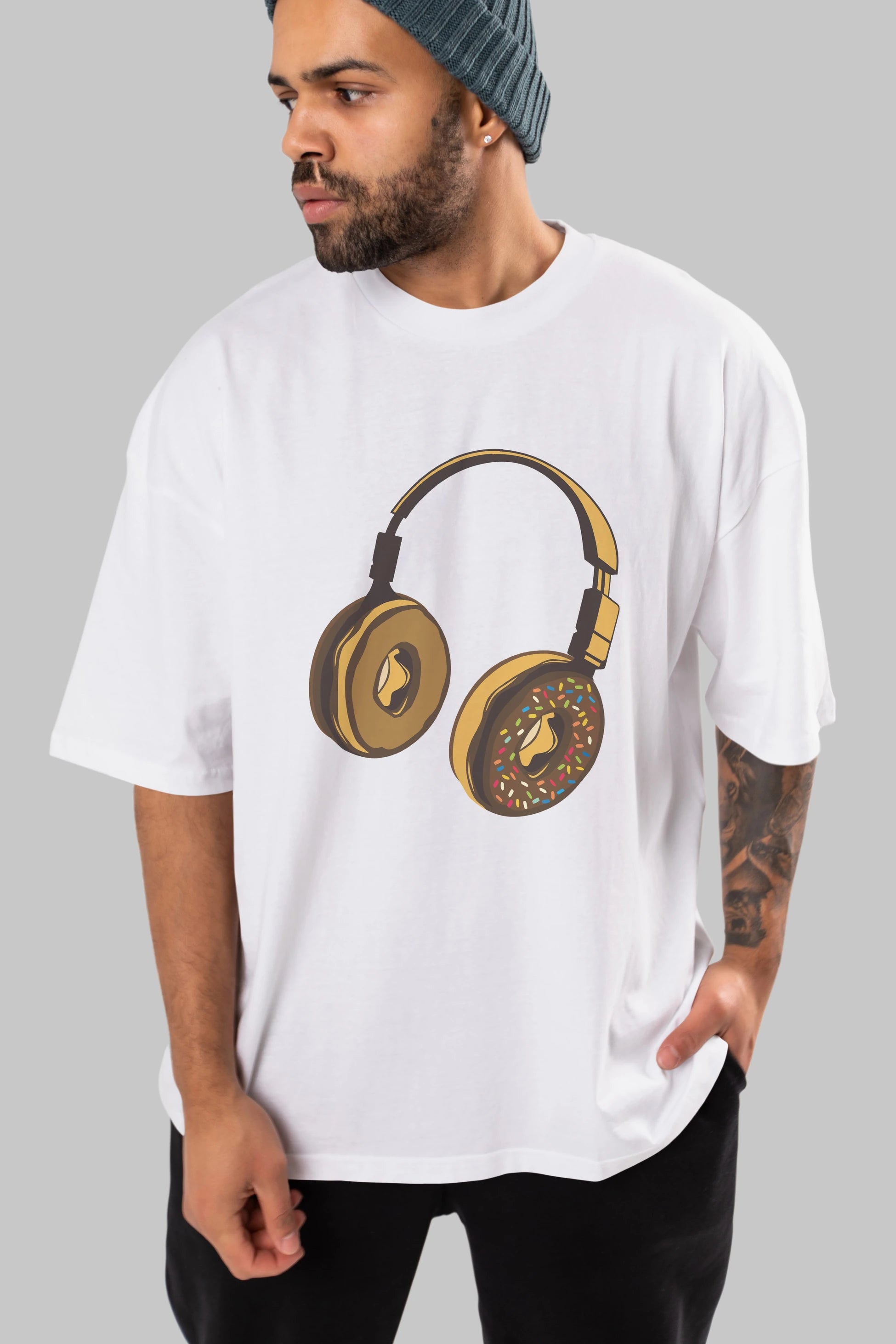 Headphone Donut Ön Baskılı Oversize t-shirt %100 pamuk Erkek Kadın Unisex