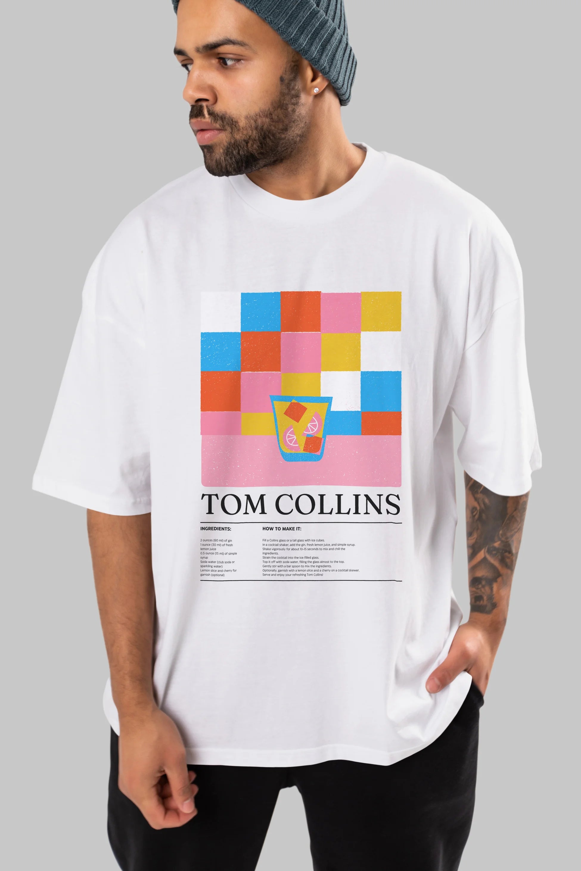 Tom Collins Kokteyl Ön Baskılı Oversize t-shirt Erkek Kadın %100 Pamuk Bisiklet Yaka tişort