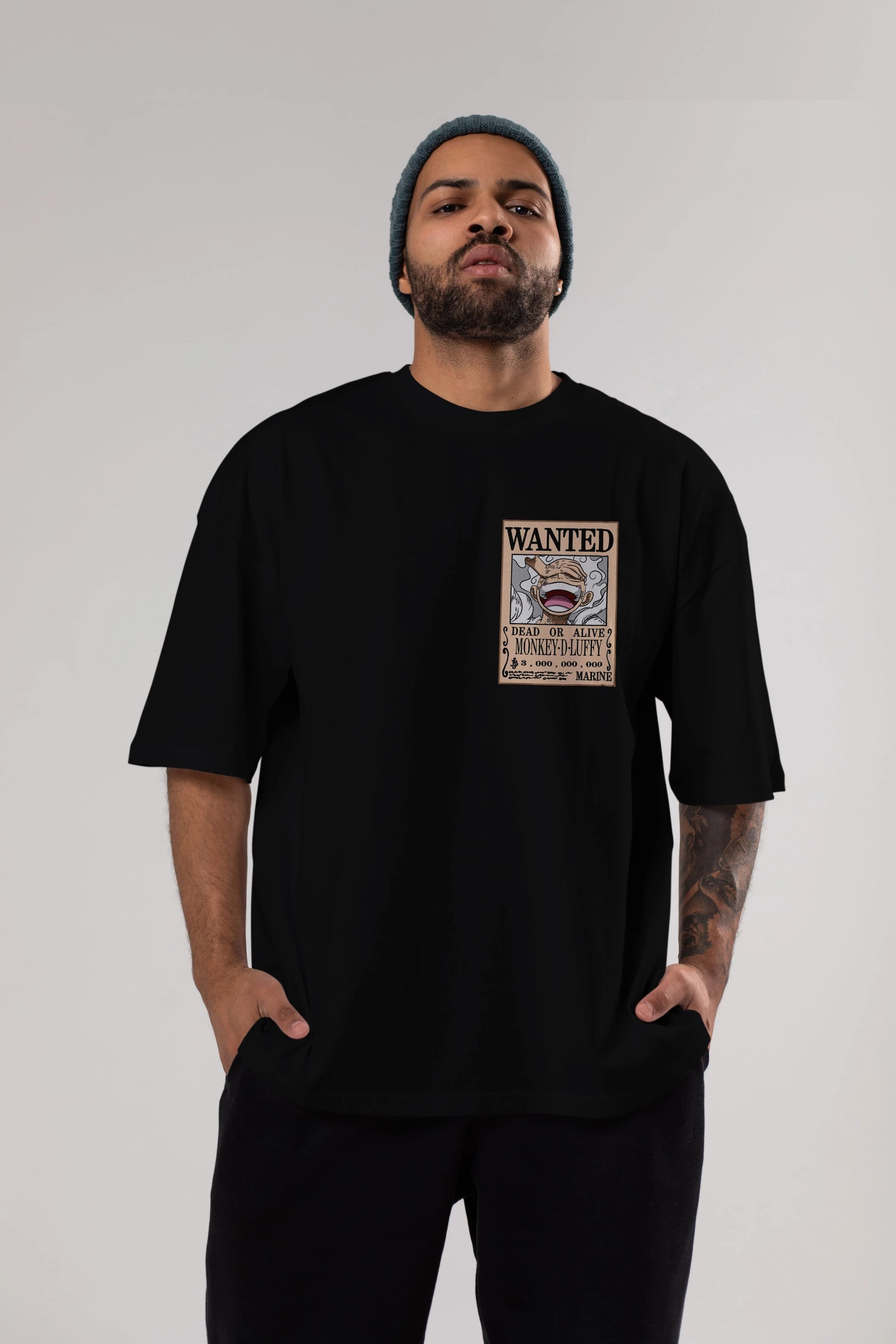 CARTEL LUFFY GEAR 5 Ön Sol Baskılı Oversize t-shirt Erkek Kadın Unisex %100 Pamuk Bisiklet Yaka tişort