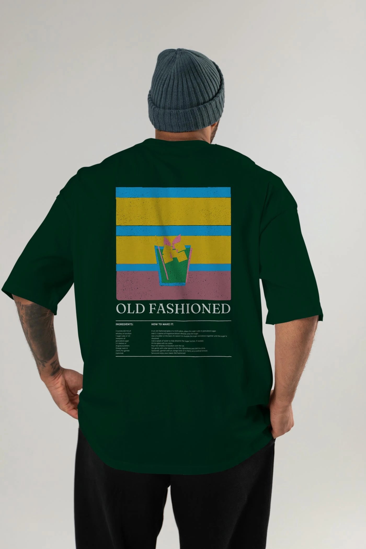 Old Fashioned Kokteyl Serisi Arka Baskılı Oversize t-shirt Erkek Kadın %100 Pamuk Bisiklet Yaka tişort