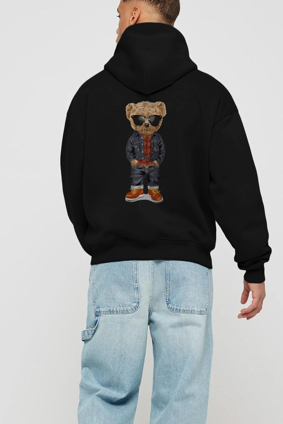 Teddy Bear Tarz Arka Baskılı Hoodie Oversize Kapüşonlu Sweatshirt Erkek Kadın Unisex