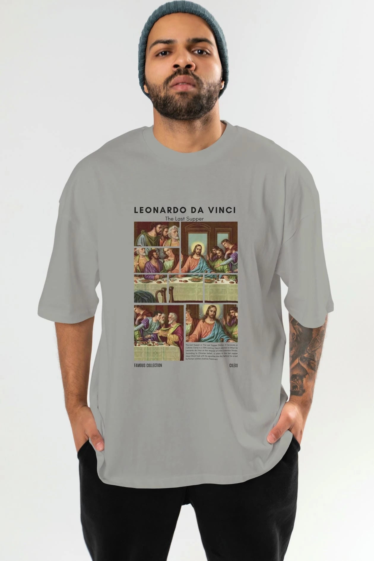 Leonardo Da Vinci ön Baskılı Oversize t-shirt Erkek Kadın Bisiklet Yaka Pamuk tişort