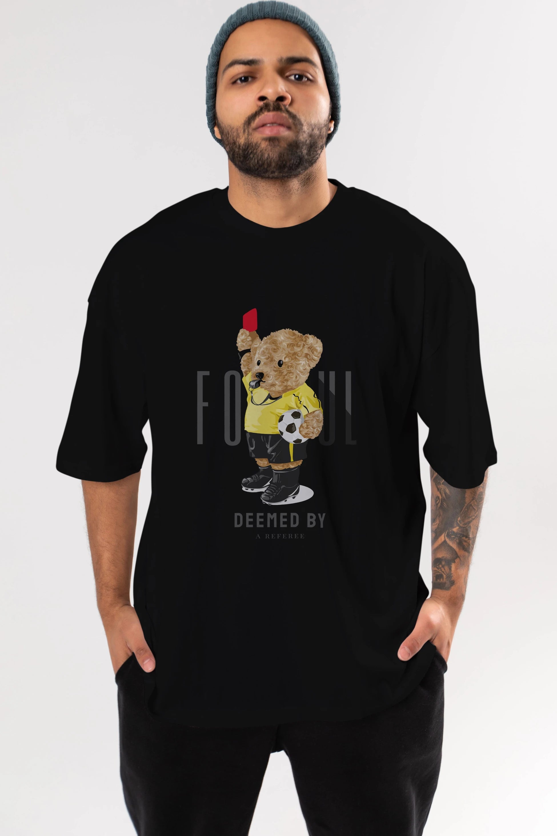 Teddy Bear Kırmızı Kart Ön Baskılı Oversize t-shirt Erkek Kadın Unisex %100 Pamuk
