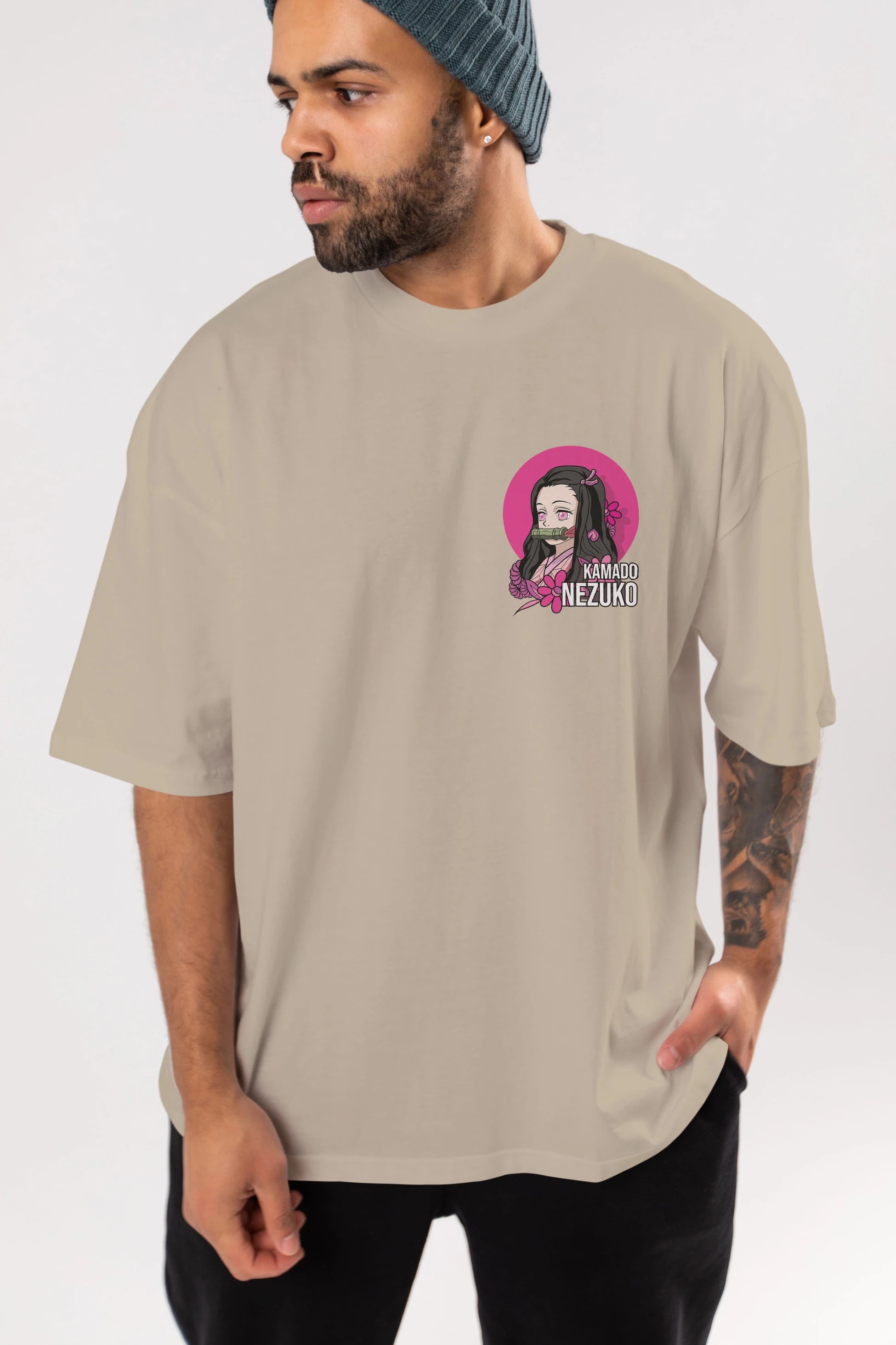 Nezuko Kamado 2 Ön Sol Baskılı Oversize t-shirt Erkek Kadın Unisex %100 Pamuk Bisiklet Yaka tişort