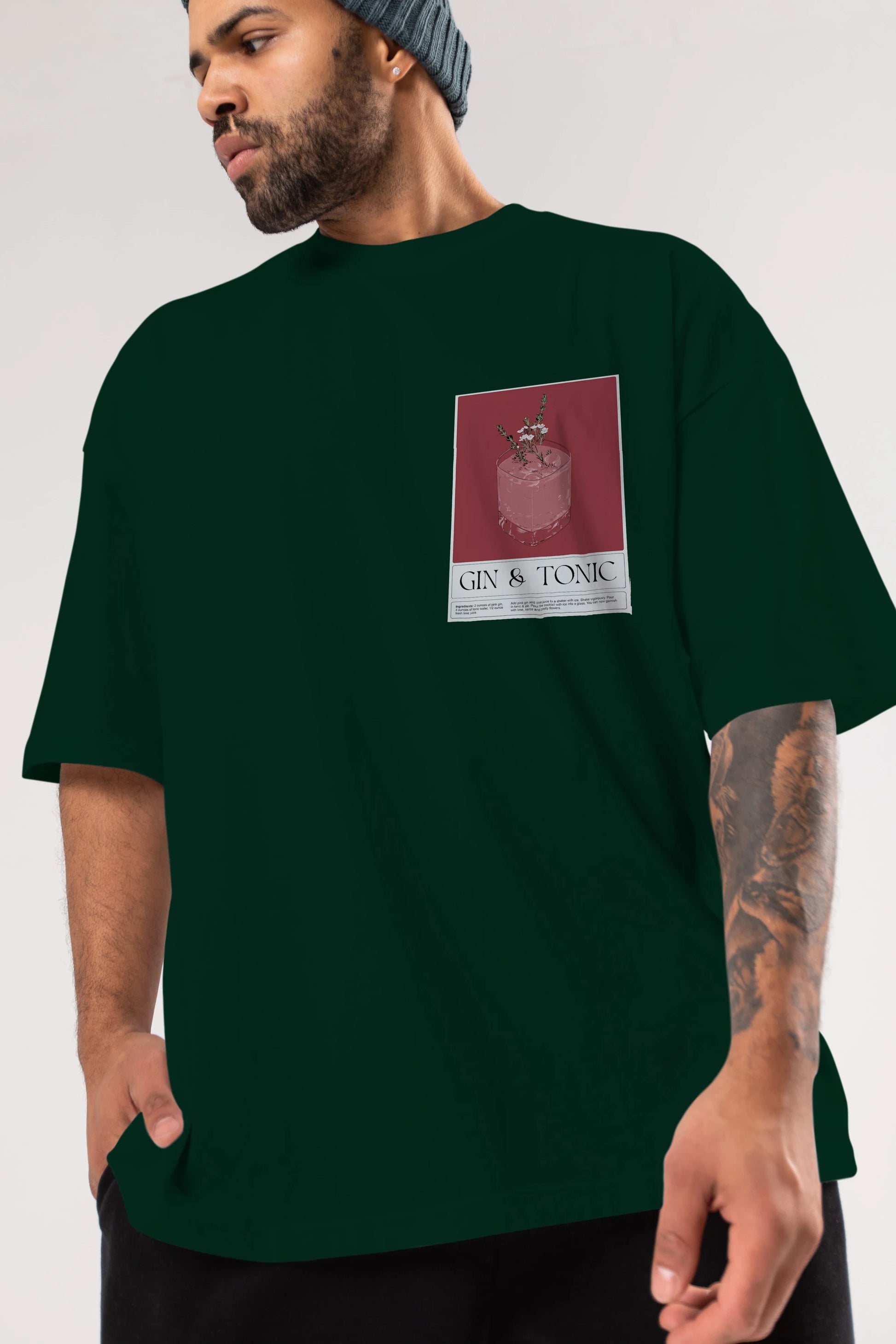 Gin Tonic 4 Ön Sol Baskılı Oversize t-shirt Erkek Kadın Unisex %100 Pamuk Bisiklet Yaka tişort