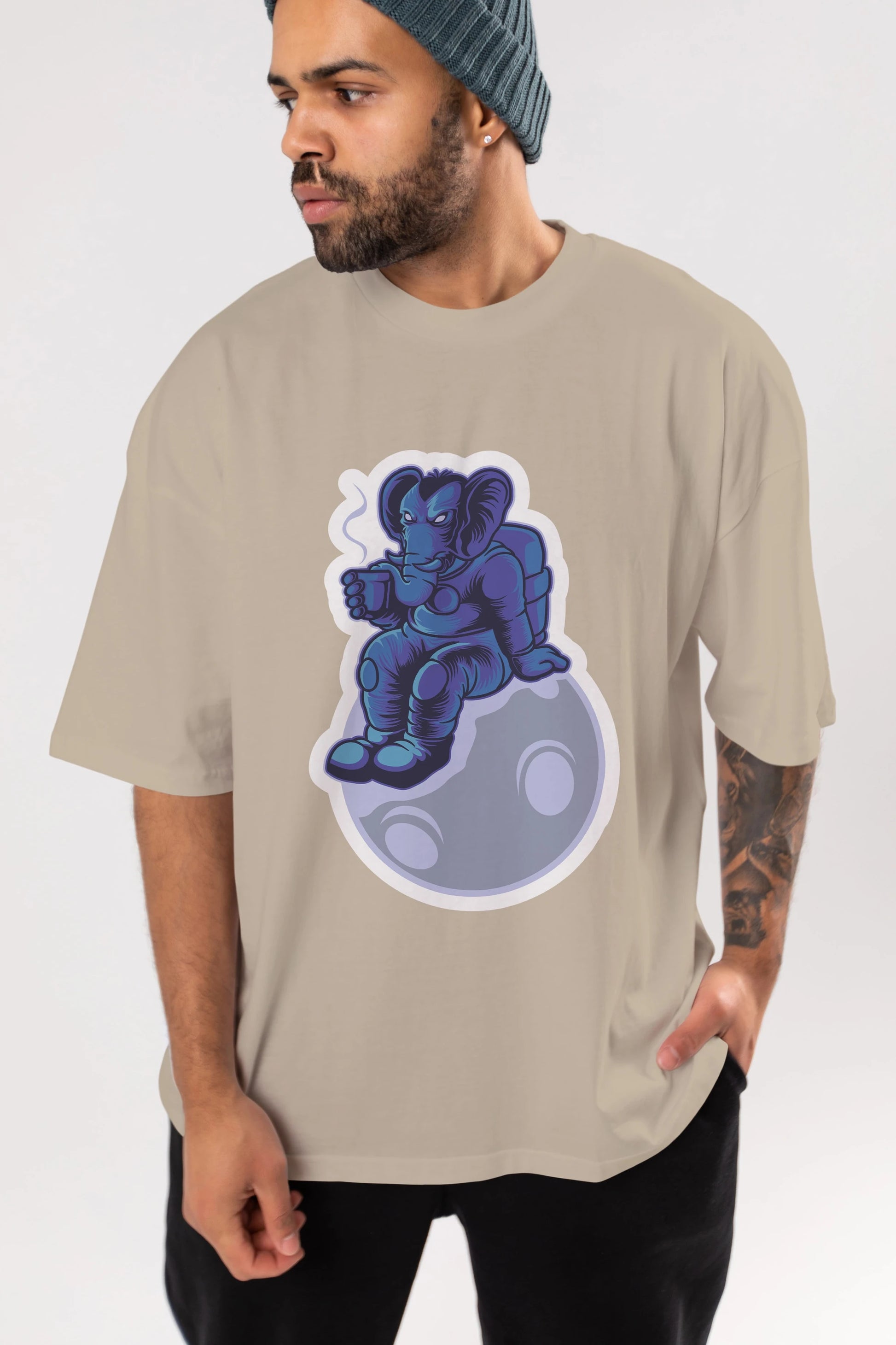 Space Elephant Drink Coffee Sticker Ön Baskılı Oversize t-shirt Erkek Kadın Unisex