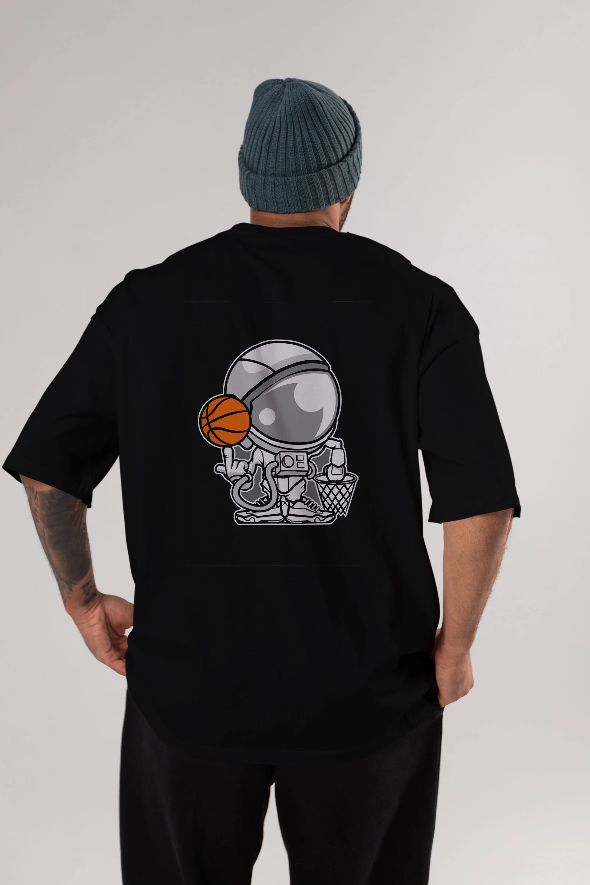 Astronaut Basketball Arka Baskılı Oversize t-shirt Erkek Kadın Unisex %100 Pamuk tişort