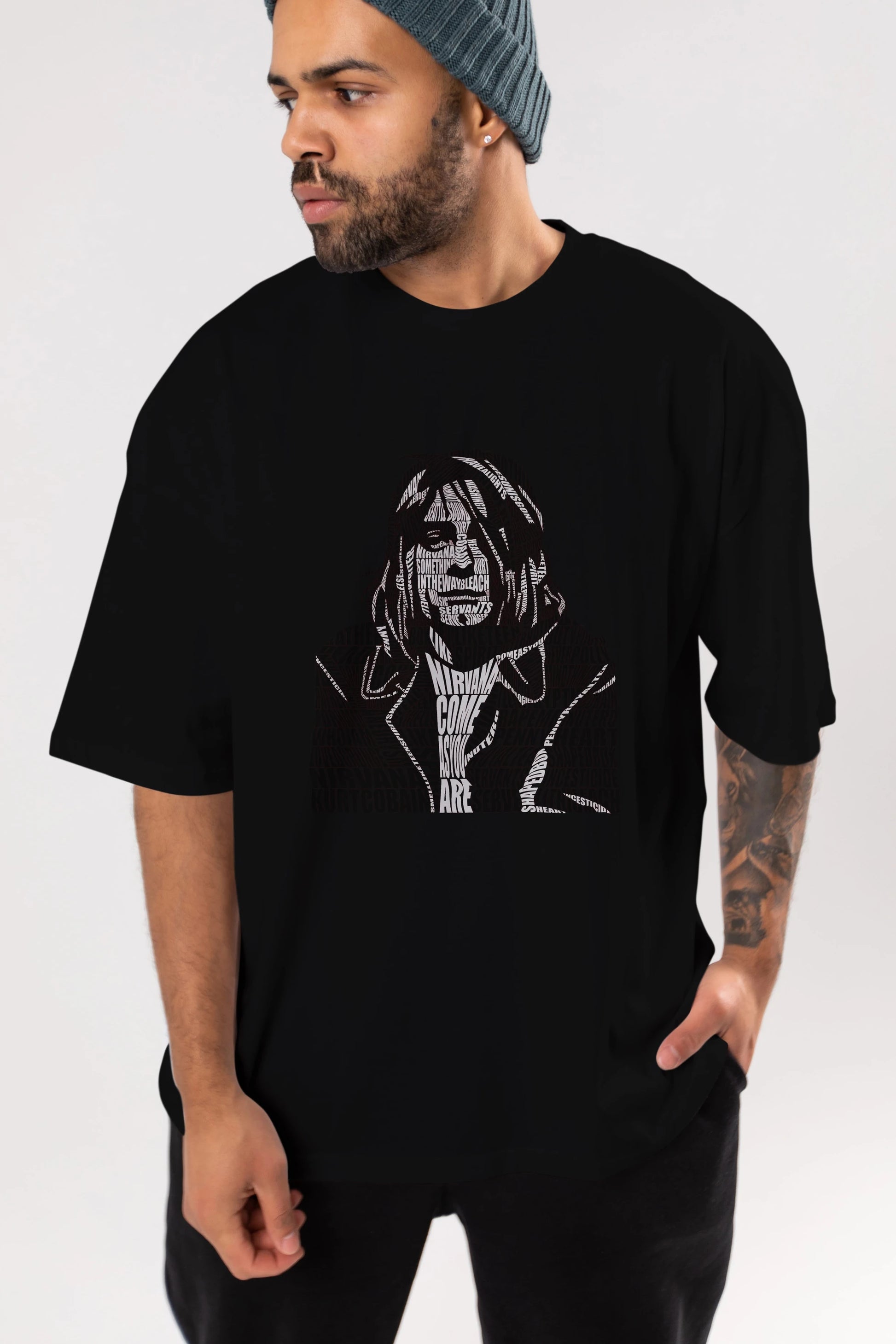 Kurt Cobain Calligram Ön Baskılı Oversize t-shirt %100 pamuk Erkek Kadın Unisex