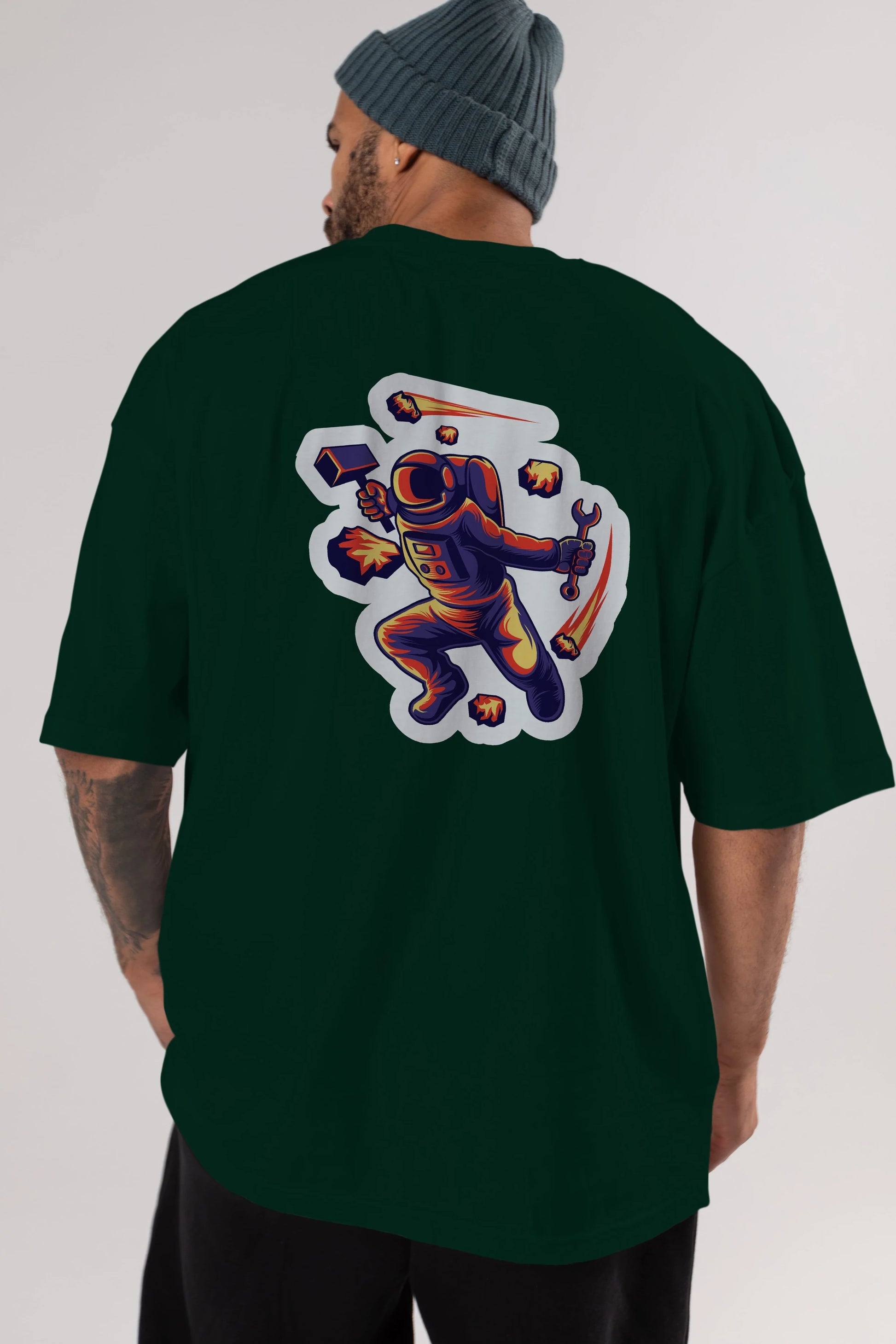 Astronaut Block Meteor Sticker Arka Baskılı Oversize t-shirt Erkek Kadın Unisex