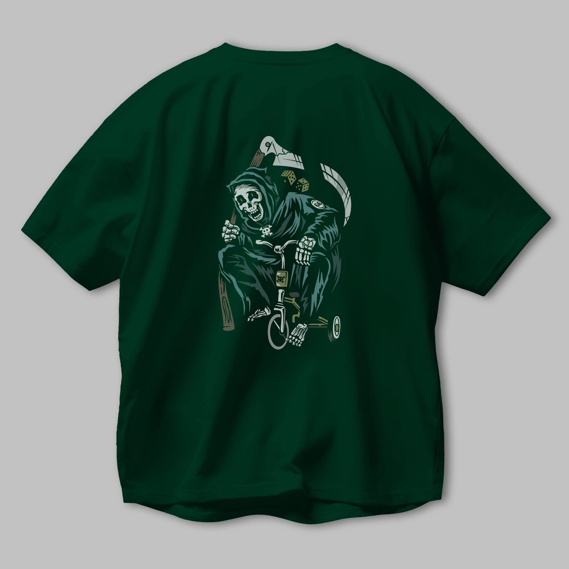 Grim Reaper Bicycle Arka Baskılı Oversize t-shirt Erkek Kadın Unisex %100 Pamuk tişort