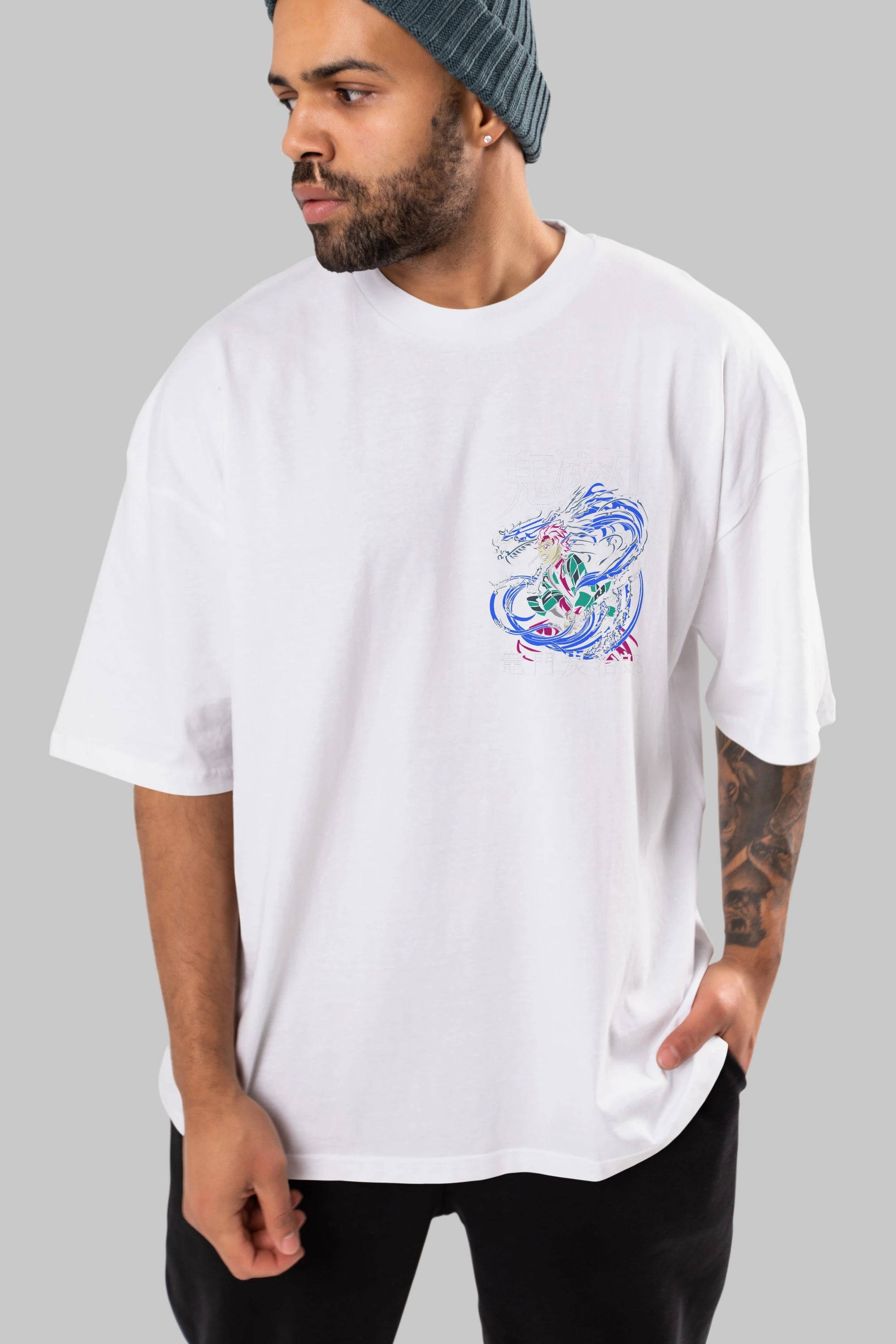 TANJIRO KAMADO 2 Ön Sol Baskılı Oversize t-shirt Erkek Kadın Unisex %100 Pamuk Bisiklet Yaka tişort