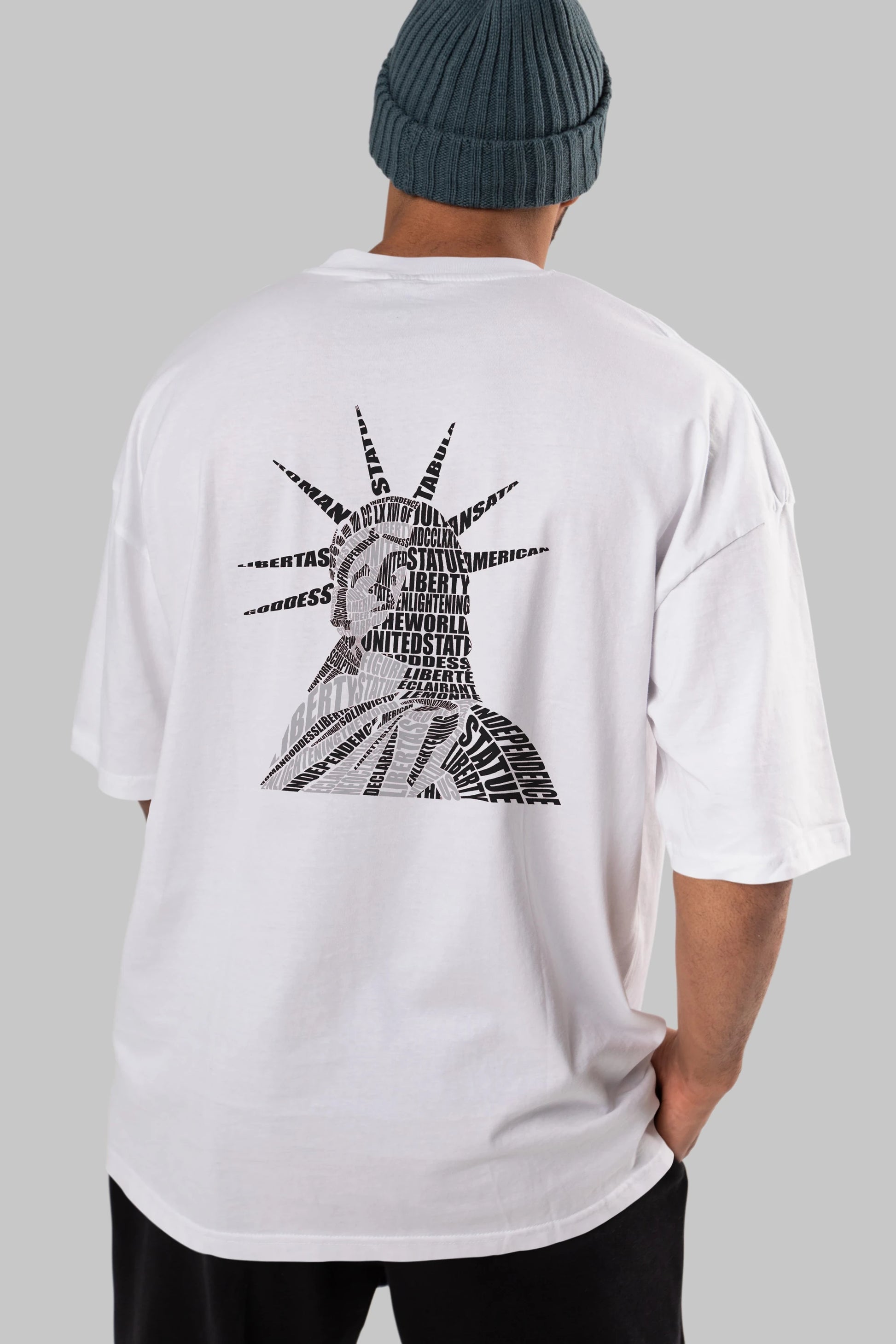 Liberty Statue Calligram Arka Baskılı Oversize t-shirt %100 pamuk Erkek Kadın Unisex