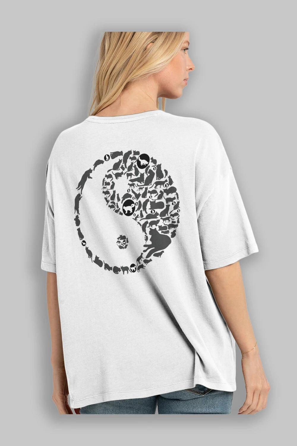 YinYang Cats Arka Baskılı Oversize t-shirt %100 pamuk Erkek Kadın Unisex