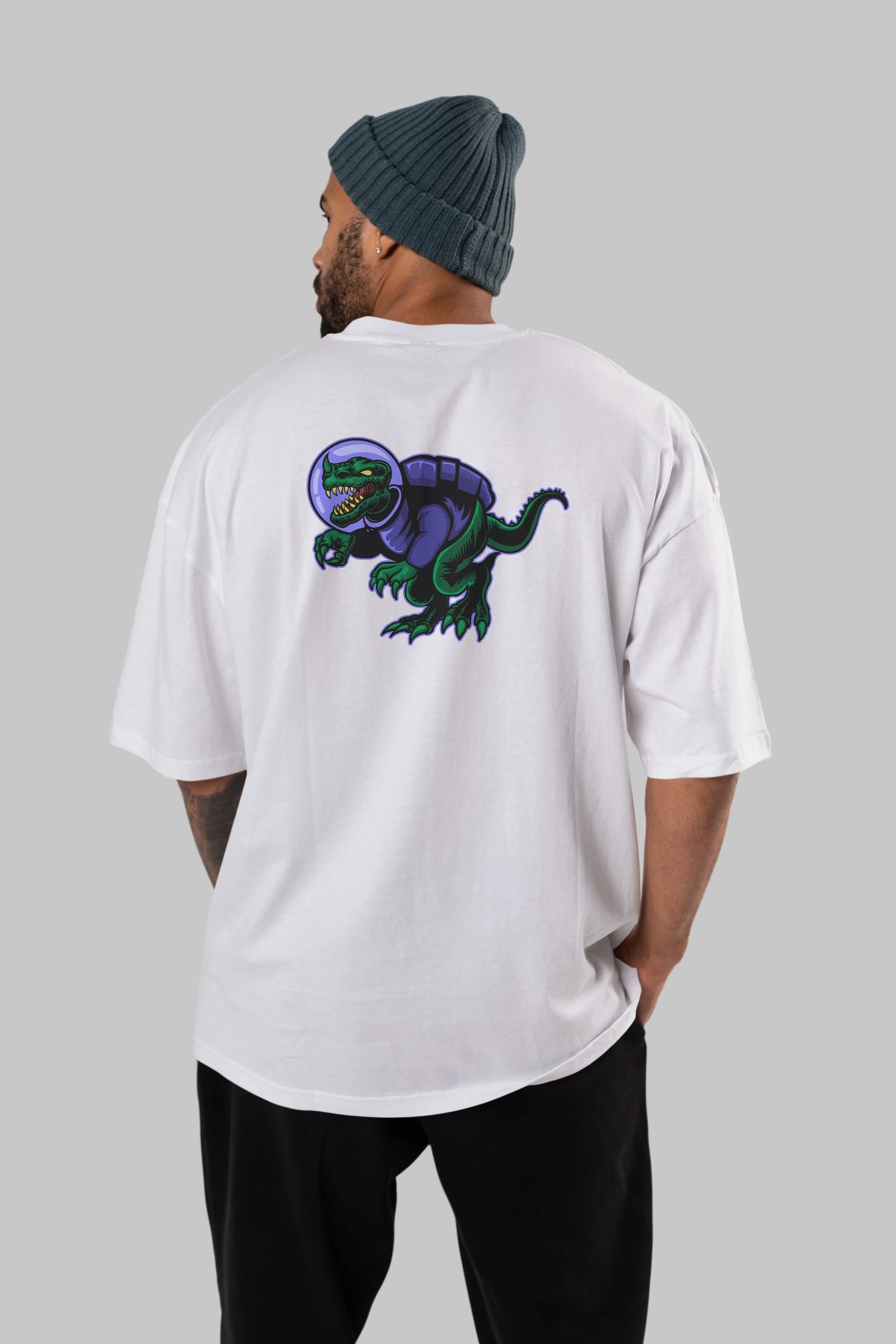 Space Dino Arka Baskılı Oversize t-shirt Erkek Kadın Unisex