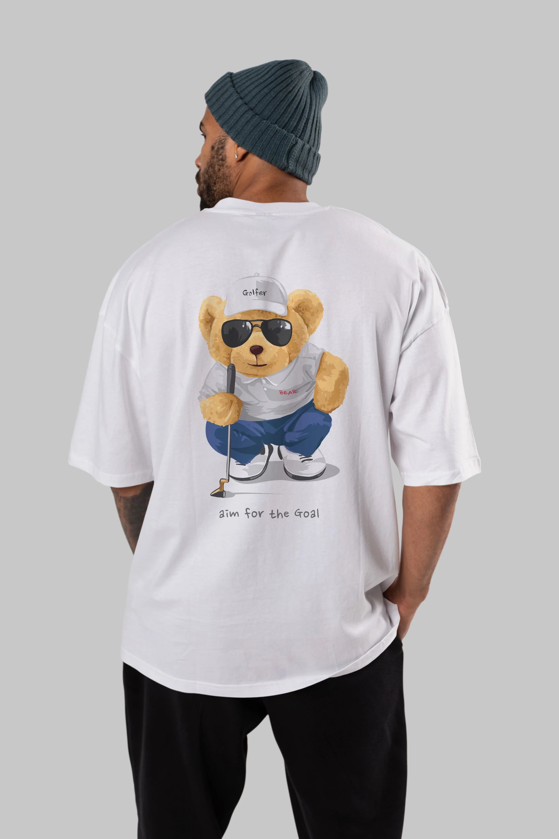 Teddy Bear Golfer Arka Baskılı Oversize t-shirt Erkek Kadın Unisex %100 Pamuk