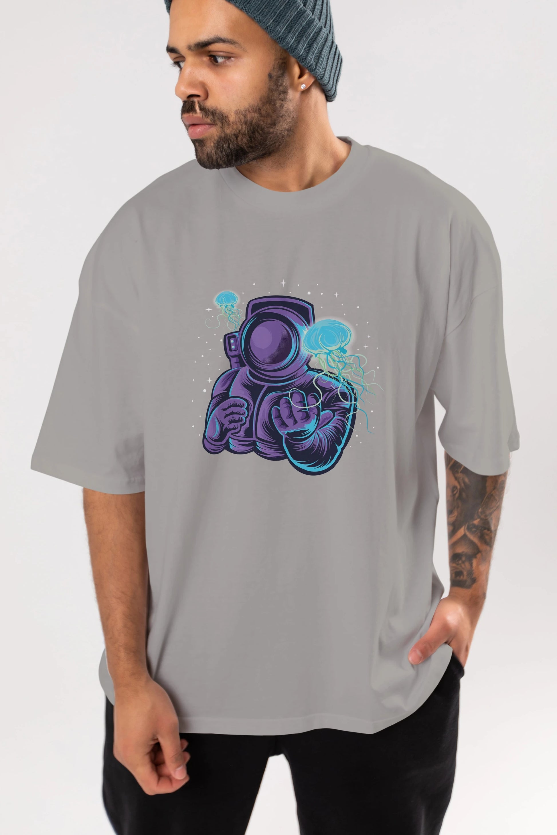 Astronaut and Jellyfish Ön Baskılı Oversize t-shirt Erkek Kadın Unisex