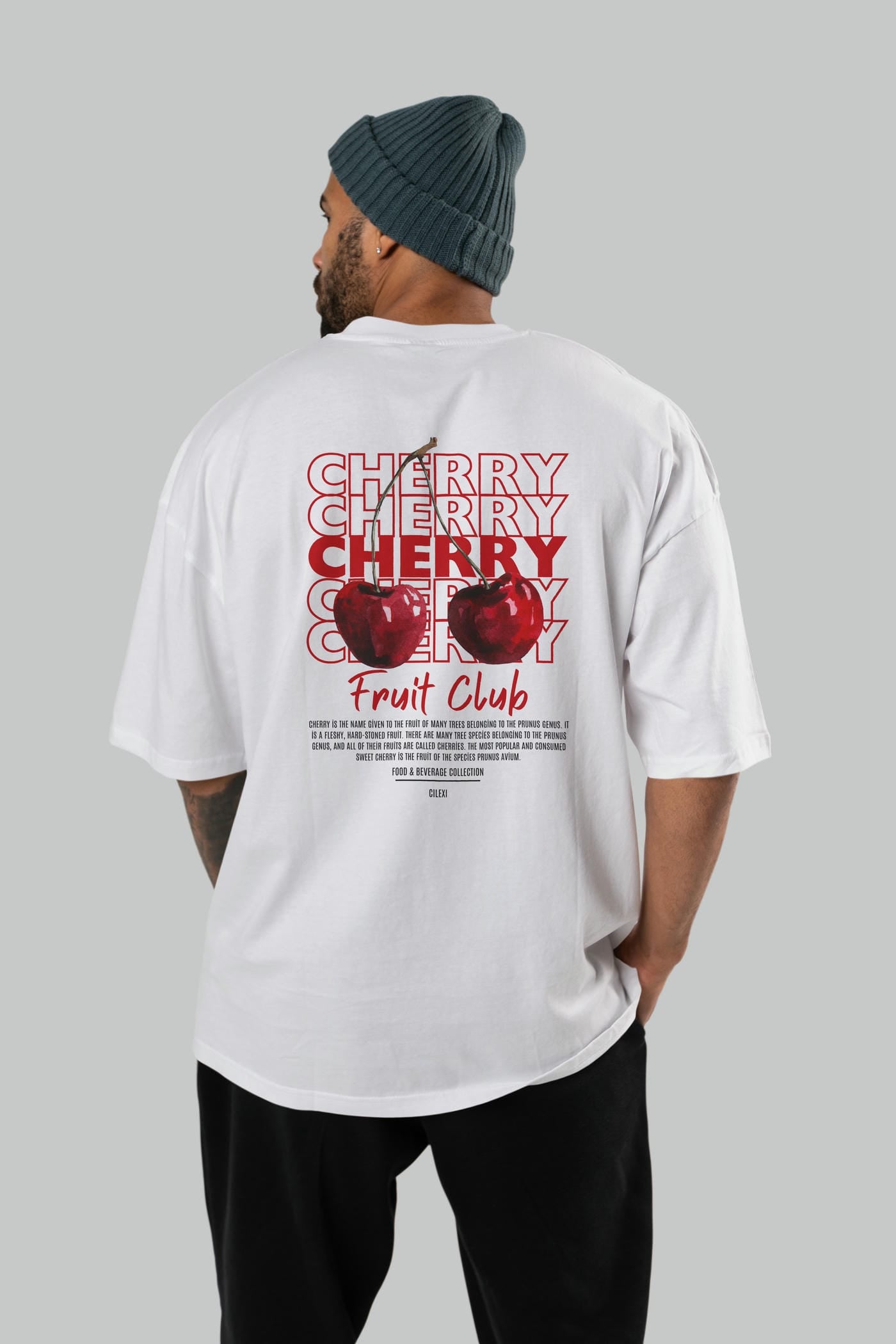 Cherry Arka Baskılı Oversize t-shirt Erkek Kadın Pamuk Bisiklet Yaka tişort