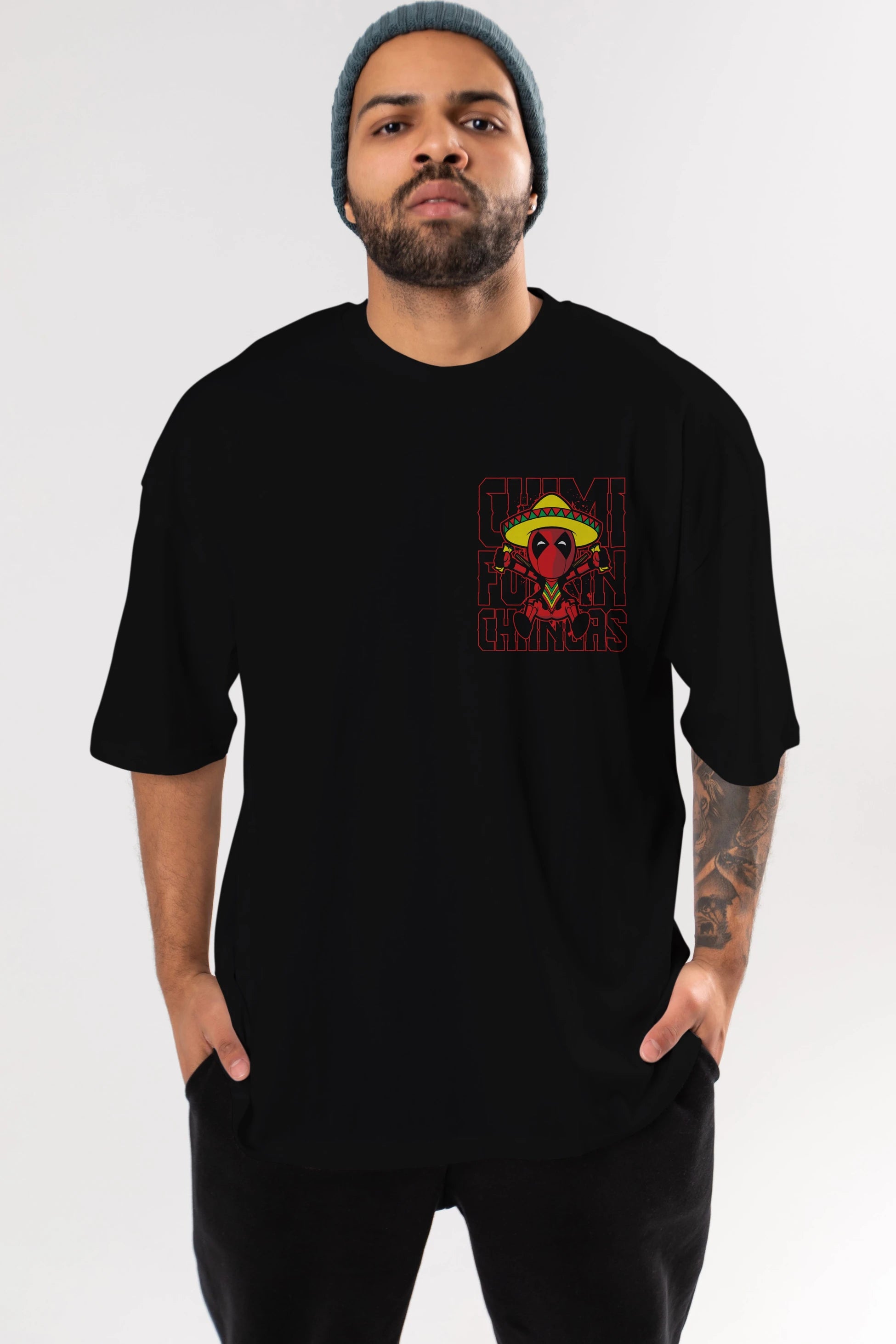 Deadpool (14) Ön Sol Baskılı Oversize t-shirt Erkek Kadın Unisex %100 Pamuk Bisiklet Yaka tişort