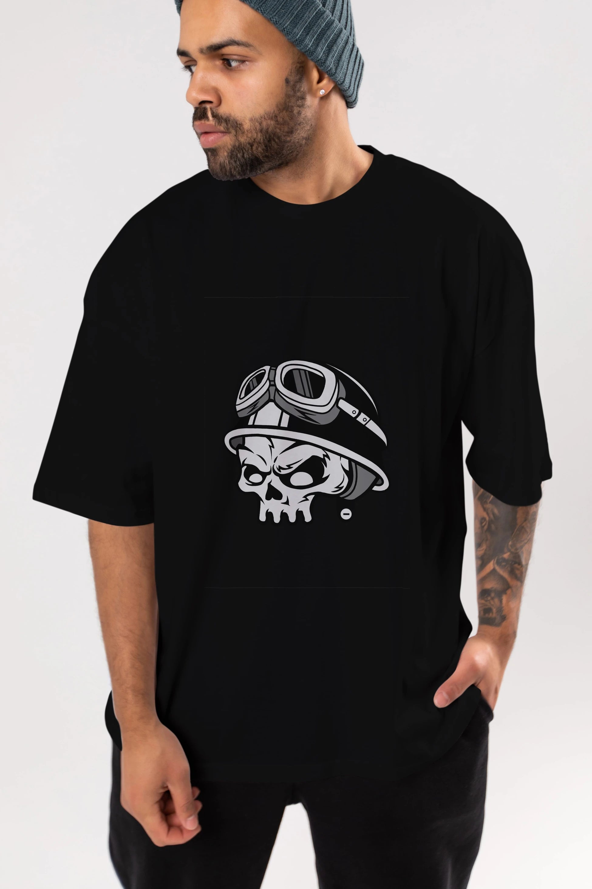 Biker Helmet Ön Baskılı Oversize t-shirt Erkek Kadın Unisex %100 Pamuk tişort