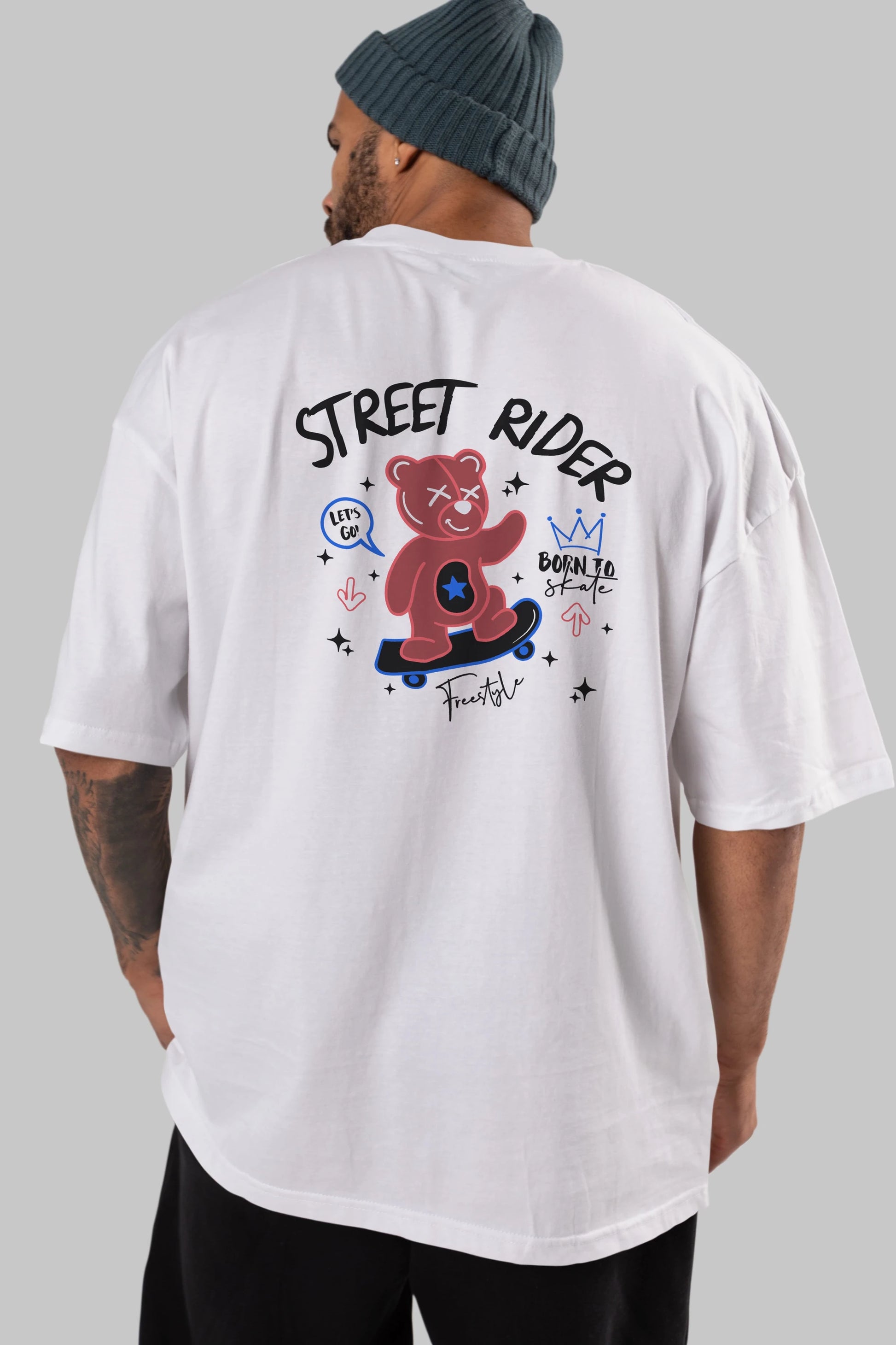 Street Rider Bear Arka Baskılı Oversize t-shirt Erkek Kadın Unisex