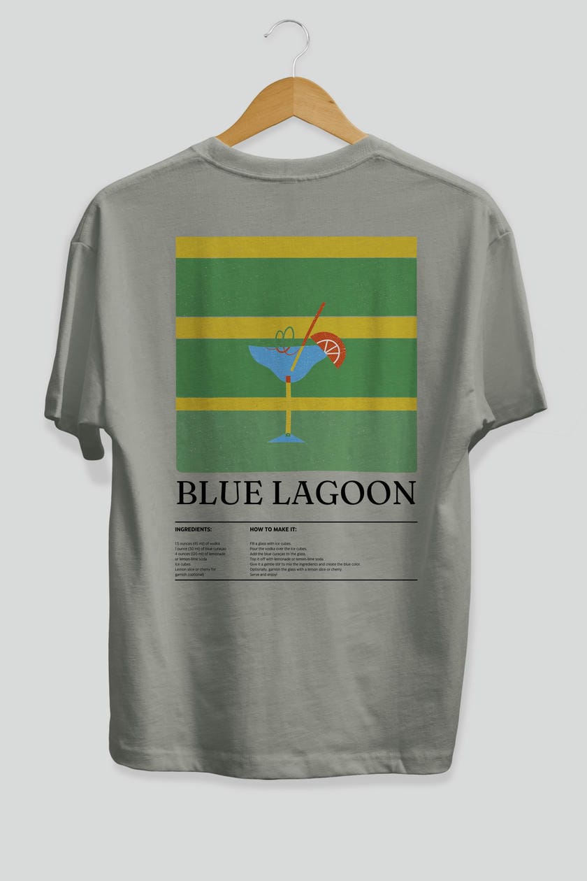 Blue Lagoon Kokteyl Serisi Arka Baskılı Oversize t-shirt Erkek Kadın %100 Pamuk Bisiklet Yaka tişort
