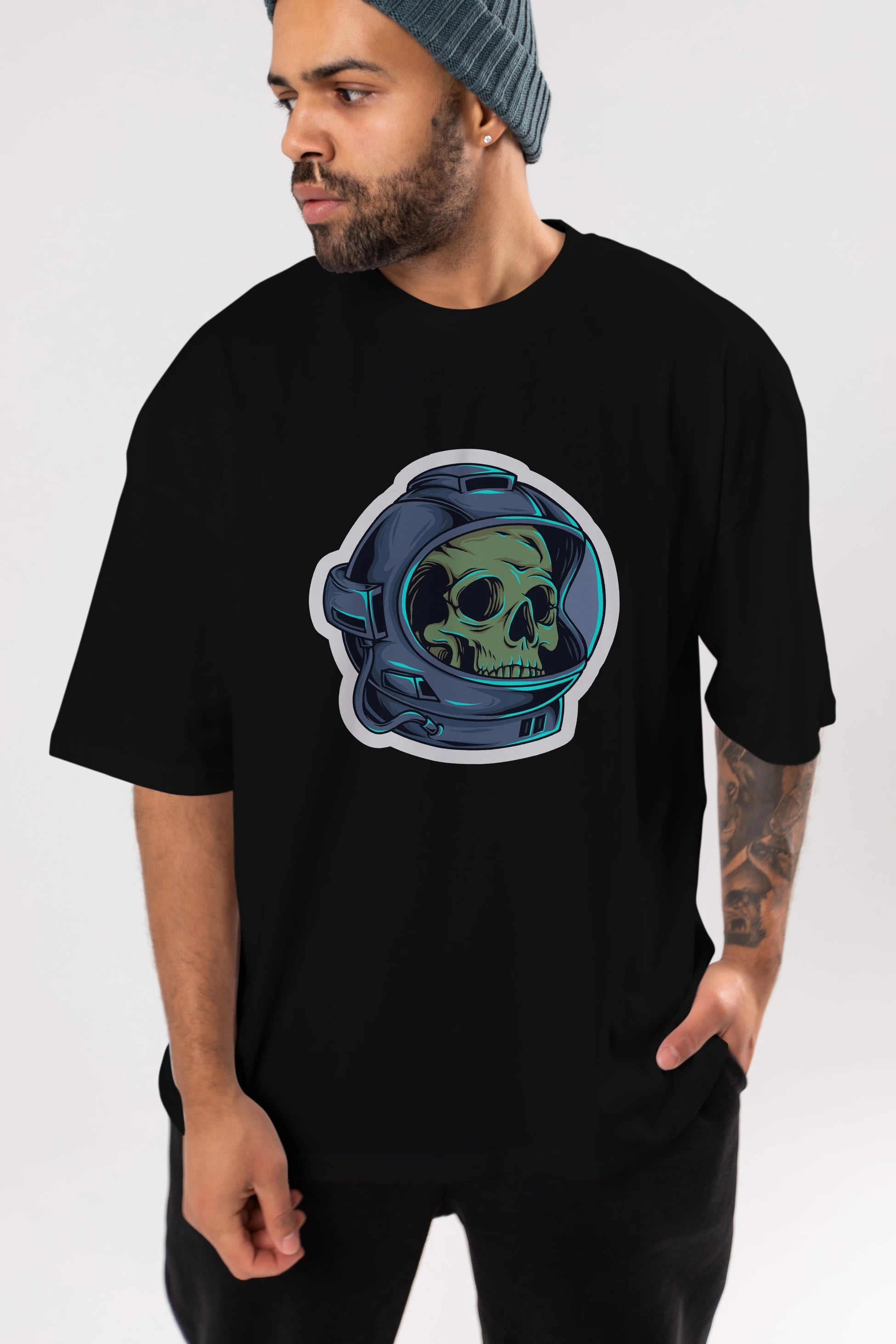 Astroskull Sticker Ön Baskılı Oversize t-shirt Erkek Kadın Unisex