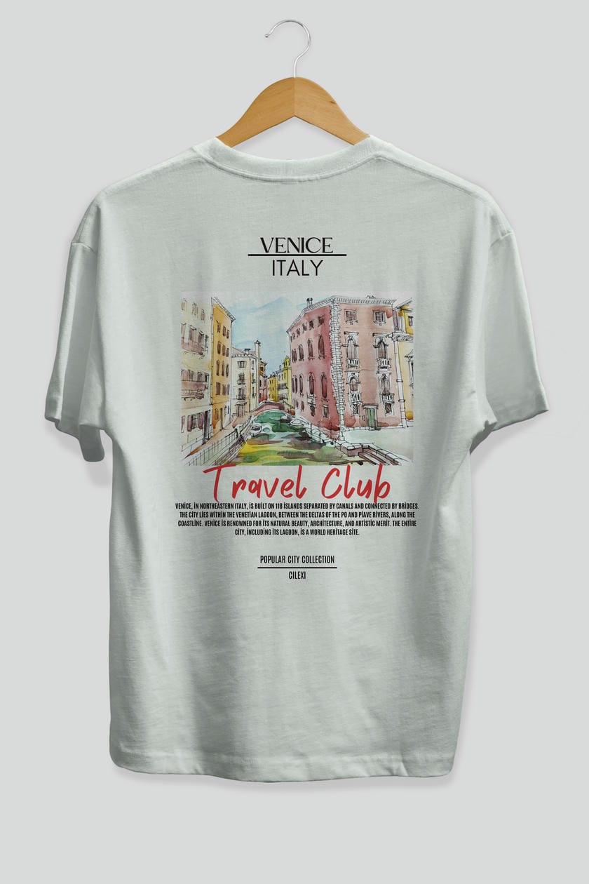 Venice İtaly Arka Baskılı Oversize t-shirt Erkek Kadın Pamuk Bisiklet Yaka tişort