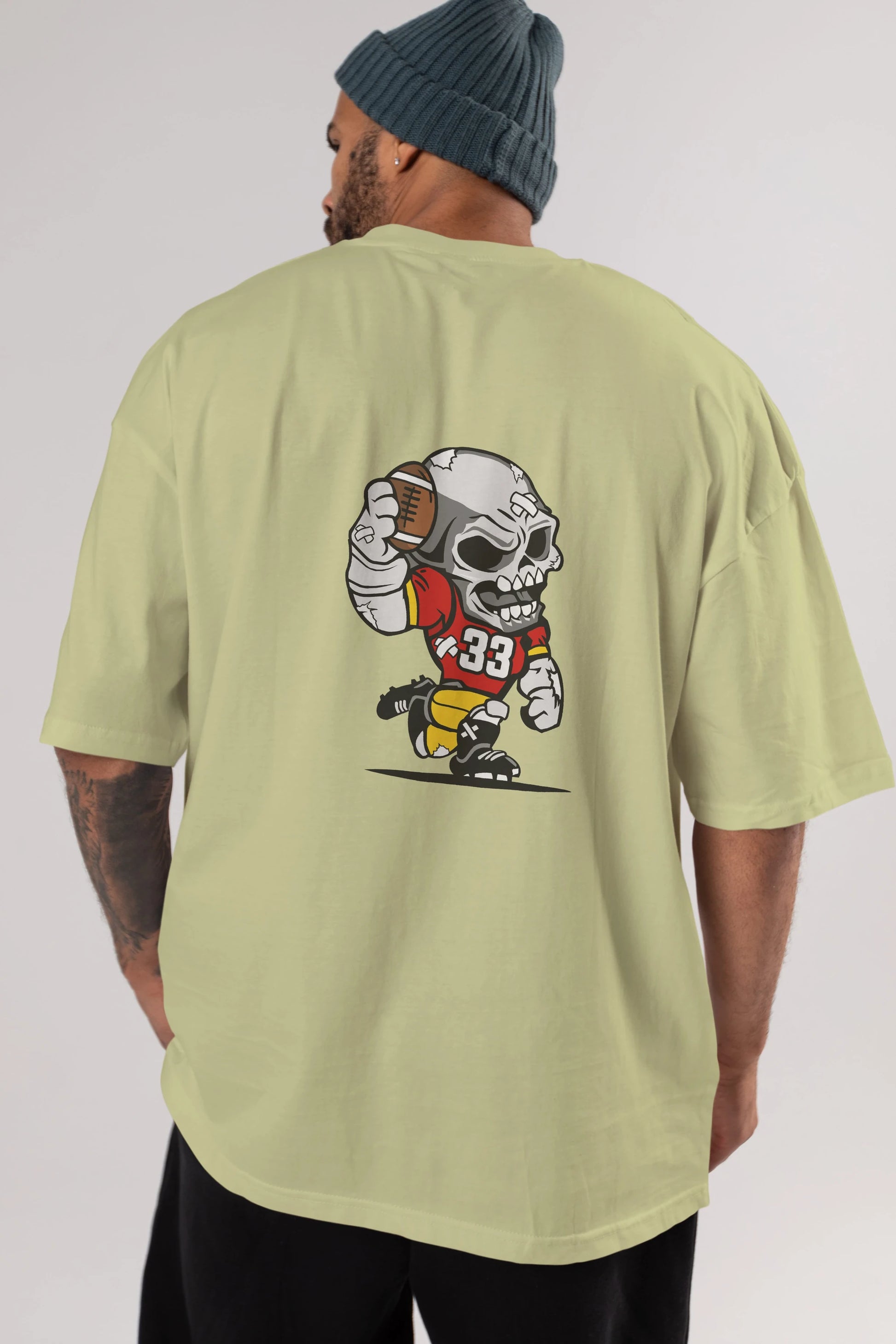 Skull Football Player Arka Baskılı Oversize t-shirt Erkek Kadın Unisex %100 Pamuk tişort