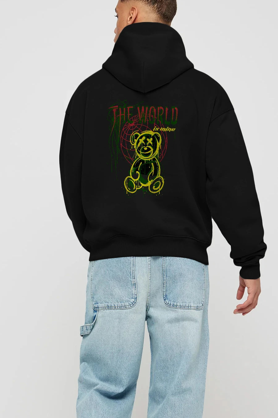 The World is Mine Bear Arka Baskılı Hoodie Oversize Kapüşonlu Sweatshirt Erkek Kadın Unisex