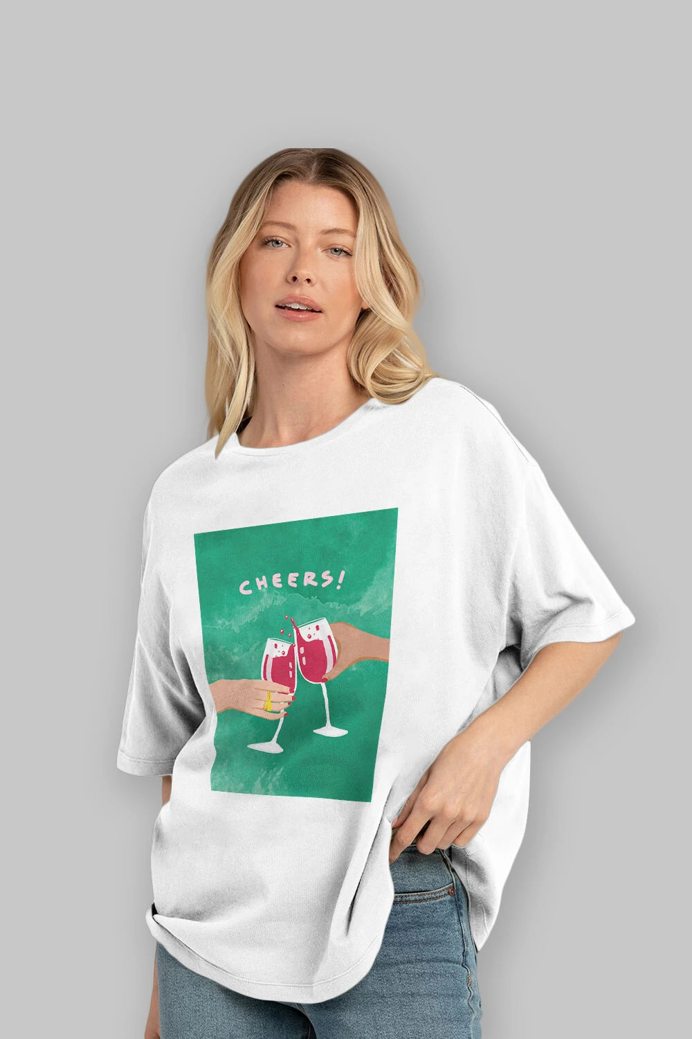 Cheers Ön Baskılı Oversize t-shirt Erkek Kadın Unisex %100 Pamuk Bisiklet Yaka tişort