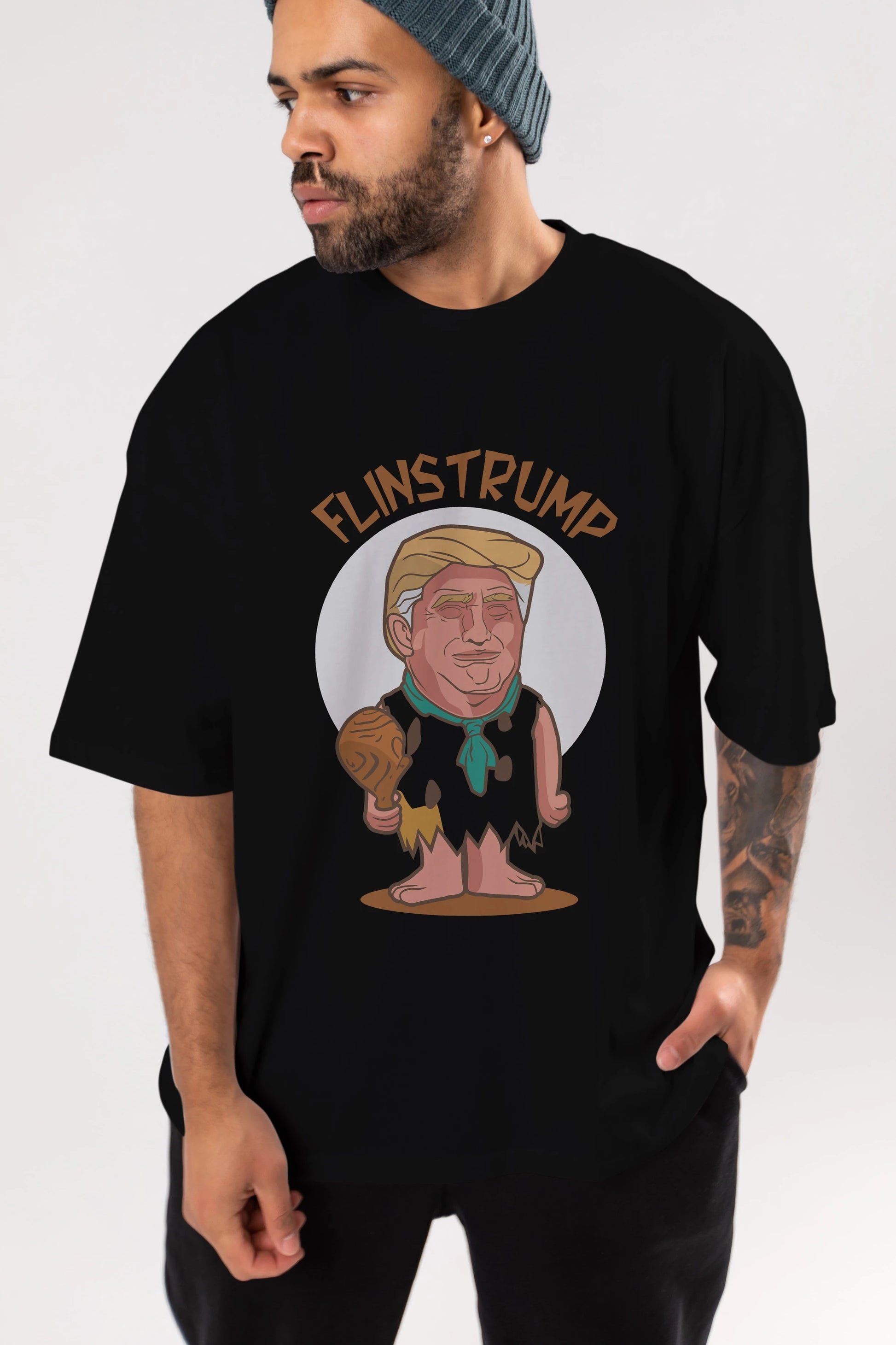 Flinstrump Ön Baskılı Oversize t-shirt Erkek Kadın Unisex %100 Pamuk tişort