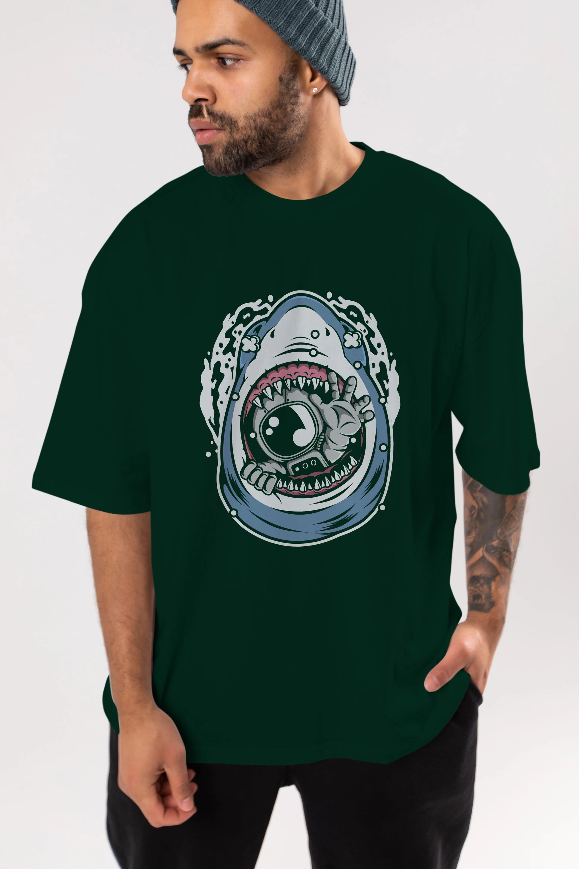 Astronaut Shark Ön Baskılı Oversize t-shirt Erkek Kadın Unisex