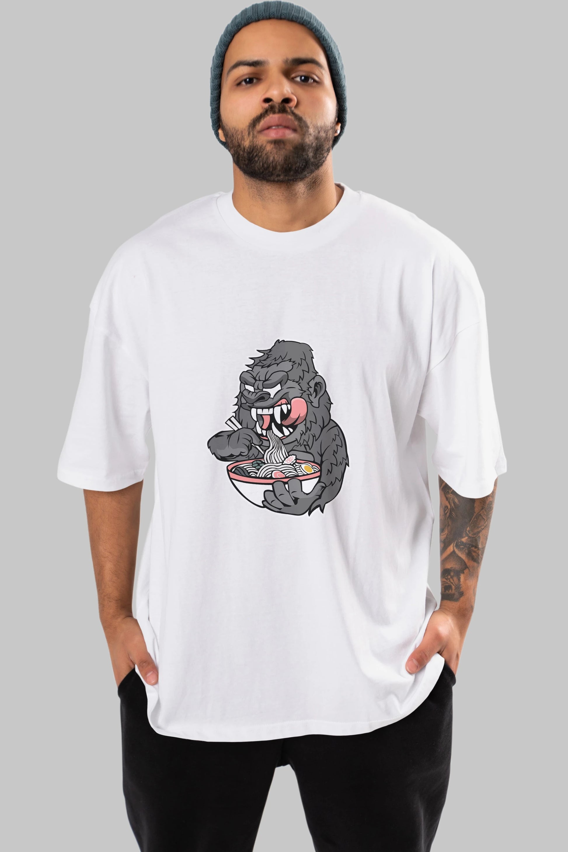 Big Gorilla Ramen Ön Baskılı Oversize t-shirt Erkek Kadın Unisex %100 Pamuk tişort