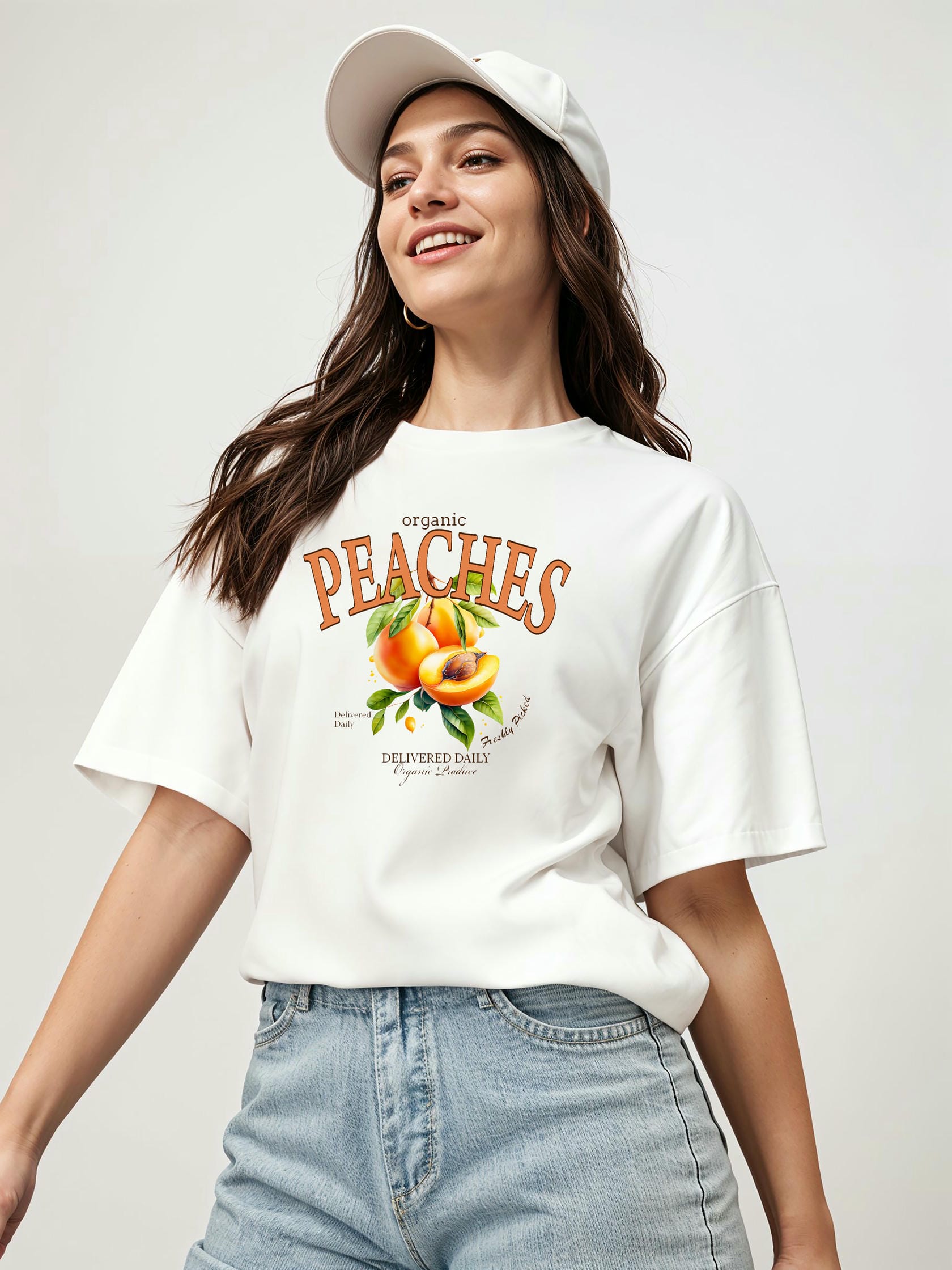 Peaches Ön Baskılı Oversize t-shirt Erkek Kadın Pamuk Bisiklet Yaka tişort