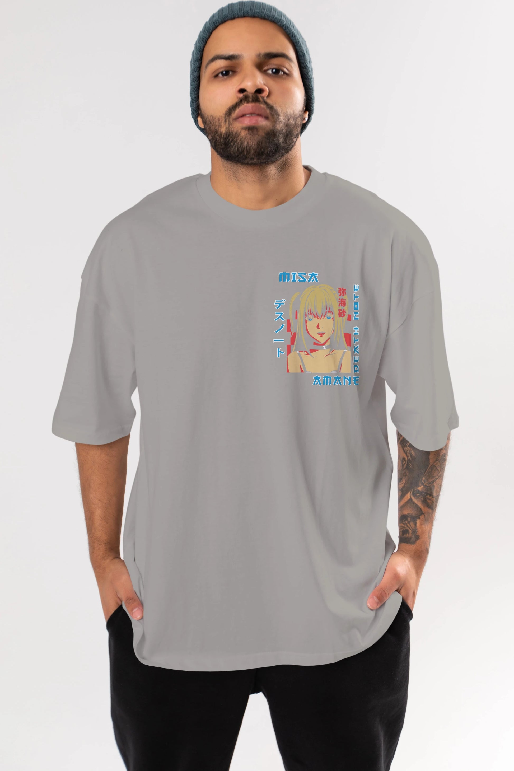 MISA-DEATH NOTE Ön Sol Baskılı Oversize t-shirt Erkek Kadın Unisex %100 Pamuk Bisiklet Yaka tişort