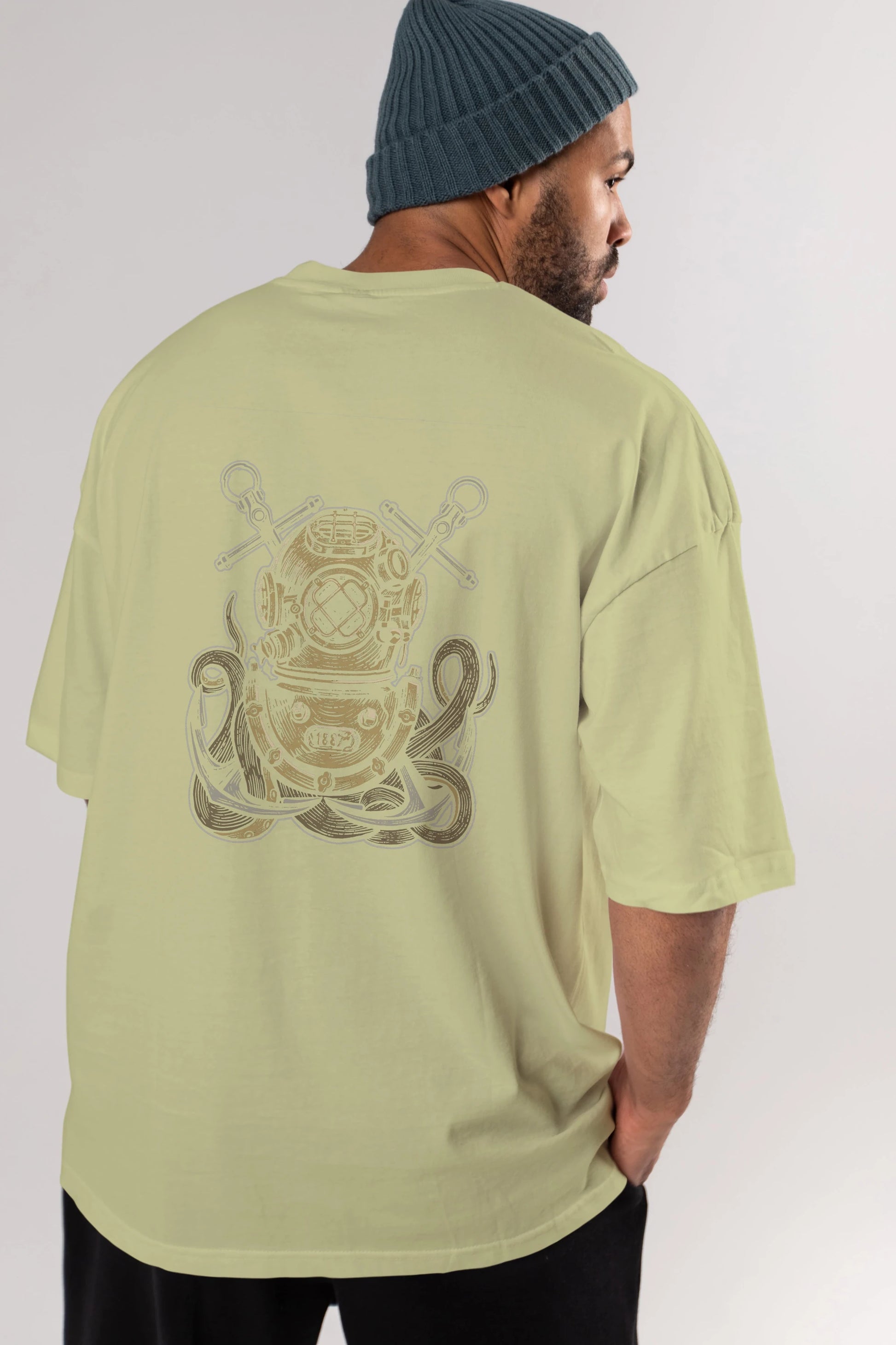 Diver Octopus Arka Baskılı Oversize t-shirt Erkek Kadın Unisex %100 Pamuk
