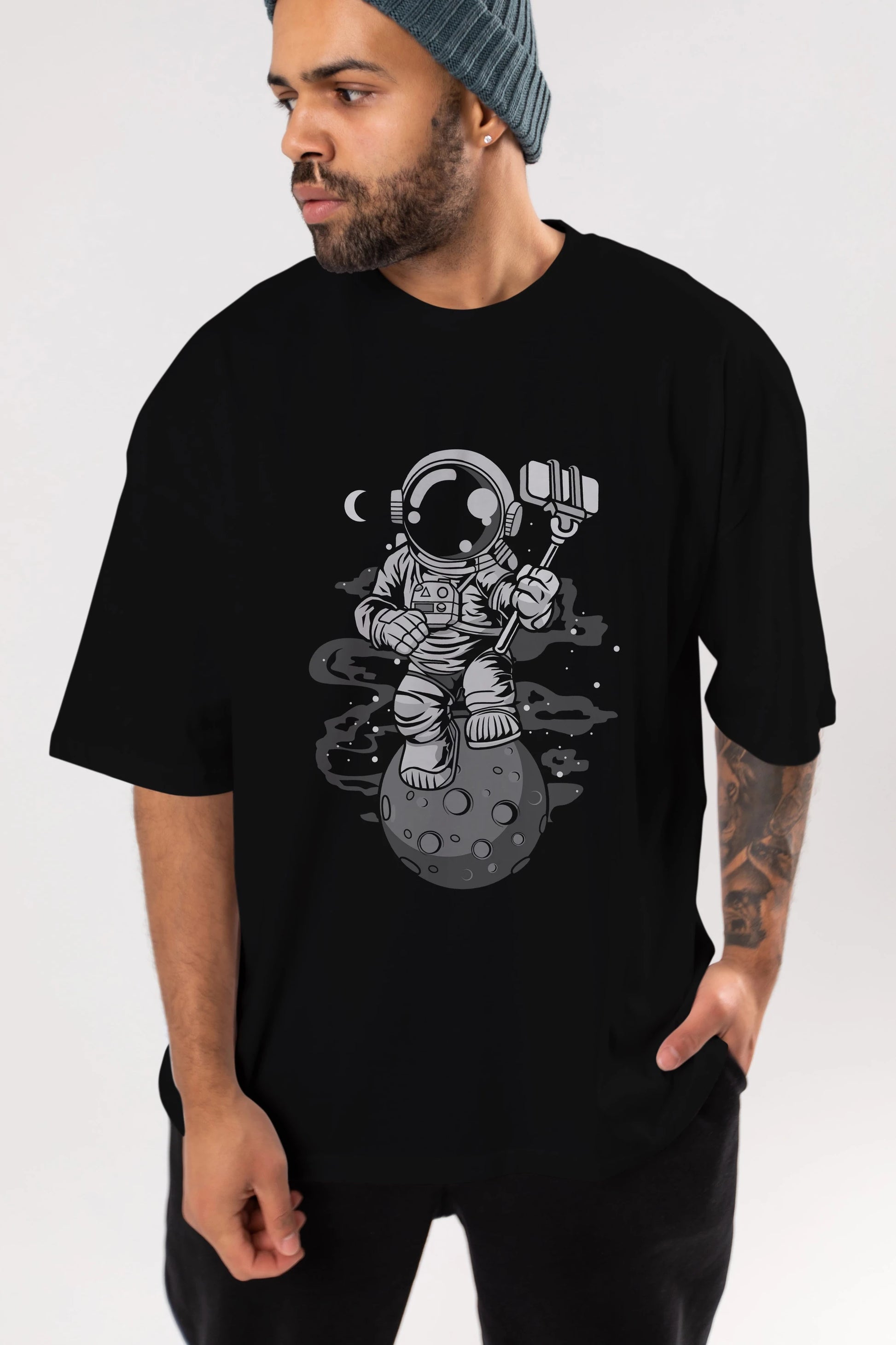 Astronaut Selfie Ön Baskılı Oversize t-shirt Erkek Kadın Unisex