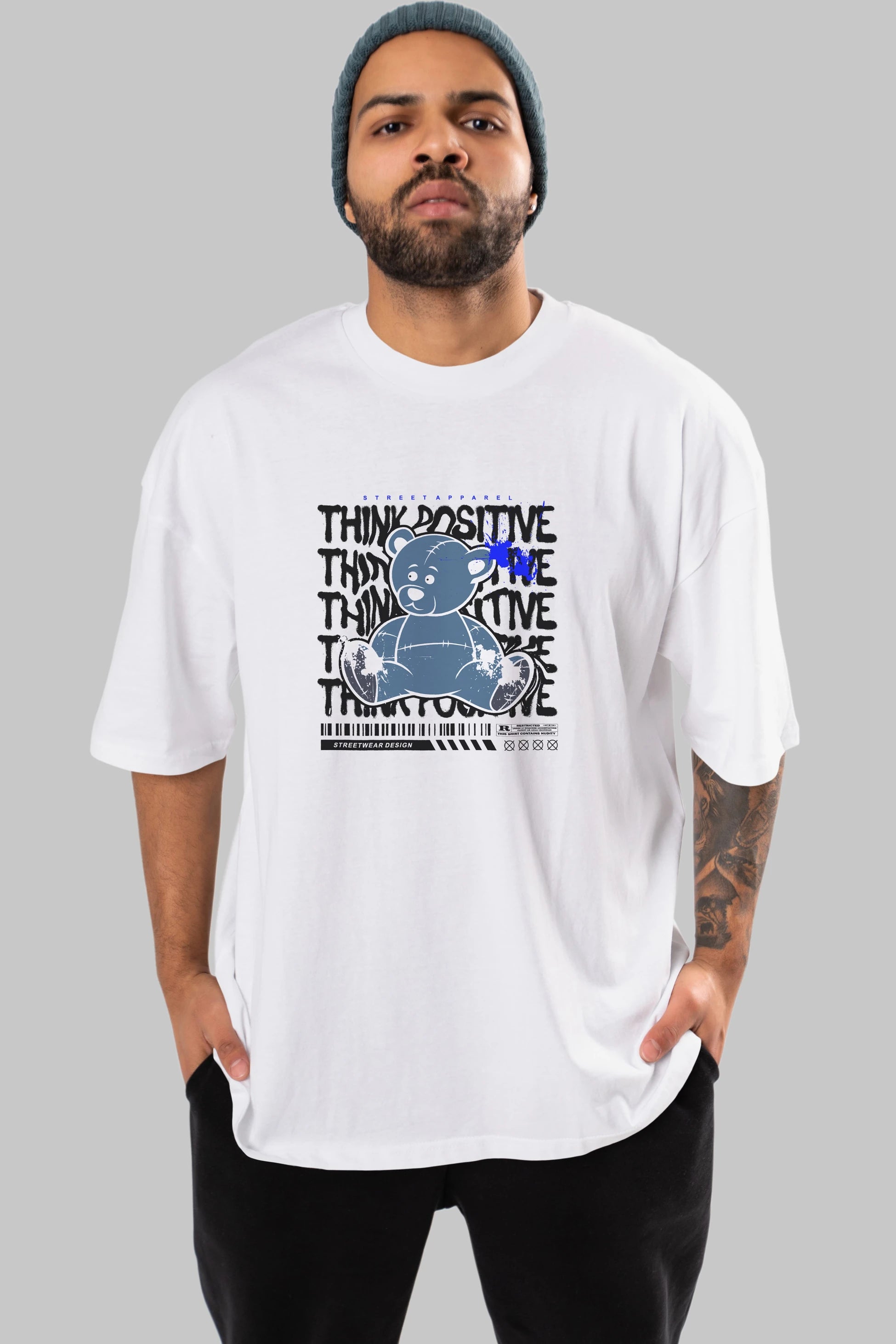 Teddy Bear Think Positive Ön Baskılı Oversize t-shirt Erkek Kadın Unisex