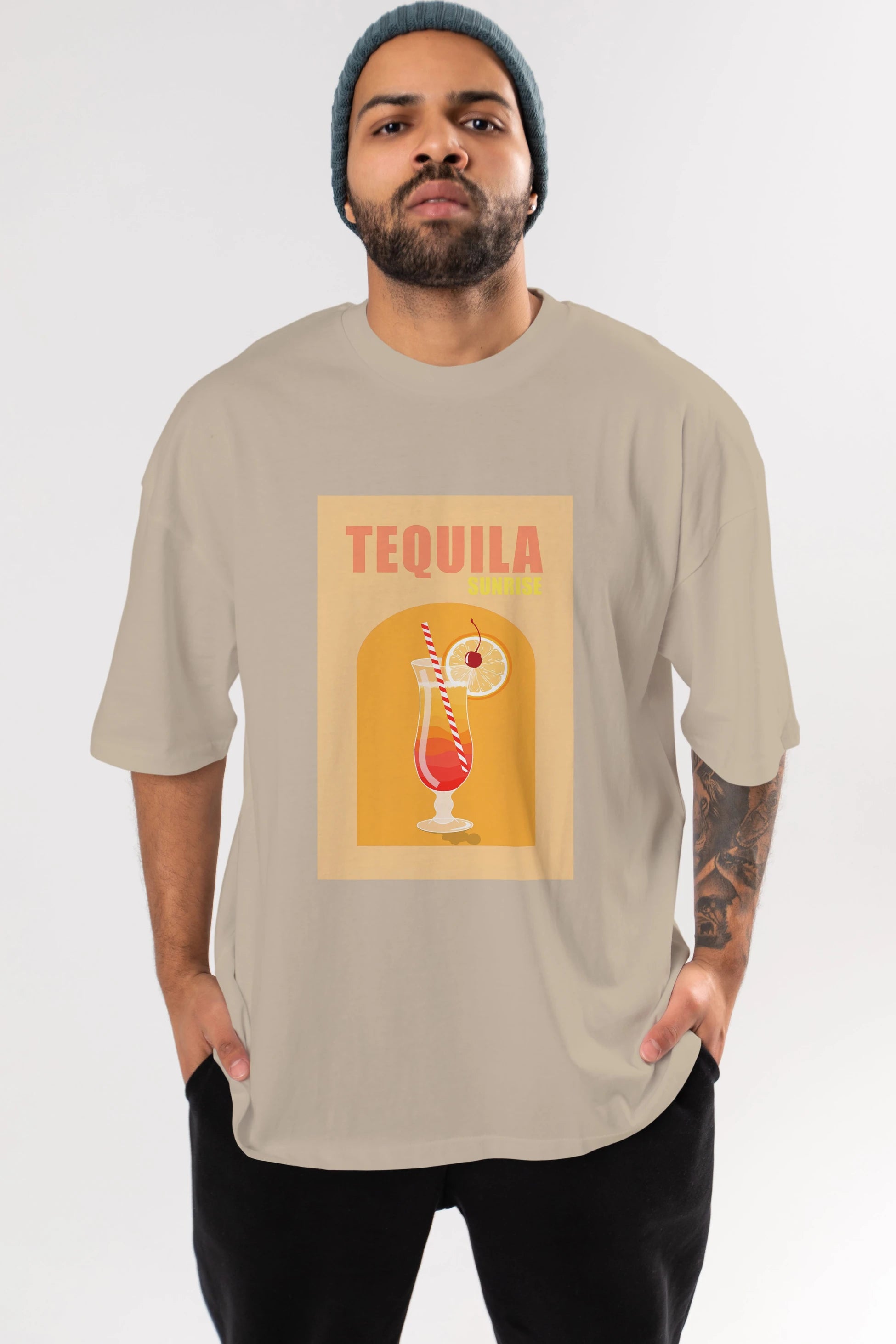 Tequila Sunrise Ön Baskılı Oversize t-shirt Erkek Kadın Unisex %100 Pamuk Bisiklet Yaka tişort
