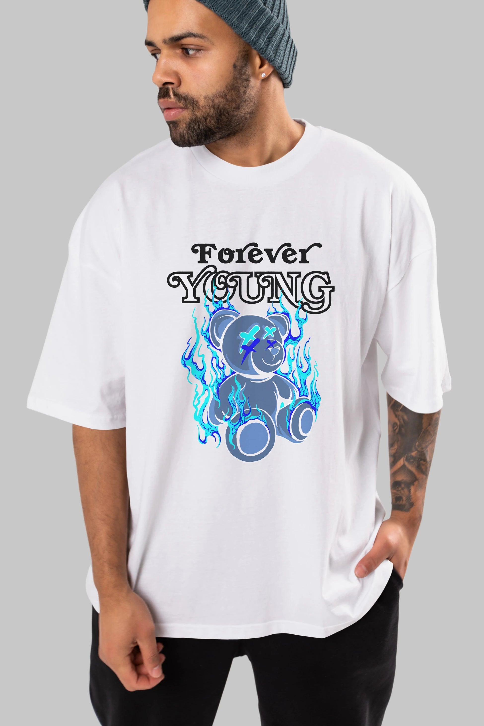 Forever Young Bear Ön Baskılı Oversize t-shirt Erkek Kadın Unisex