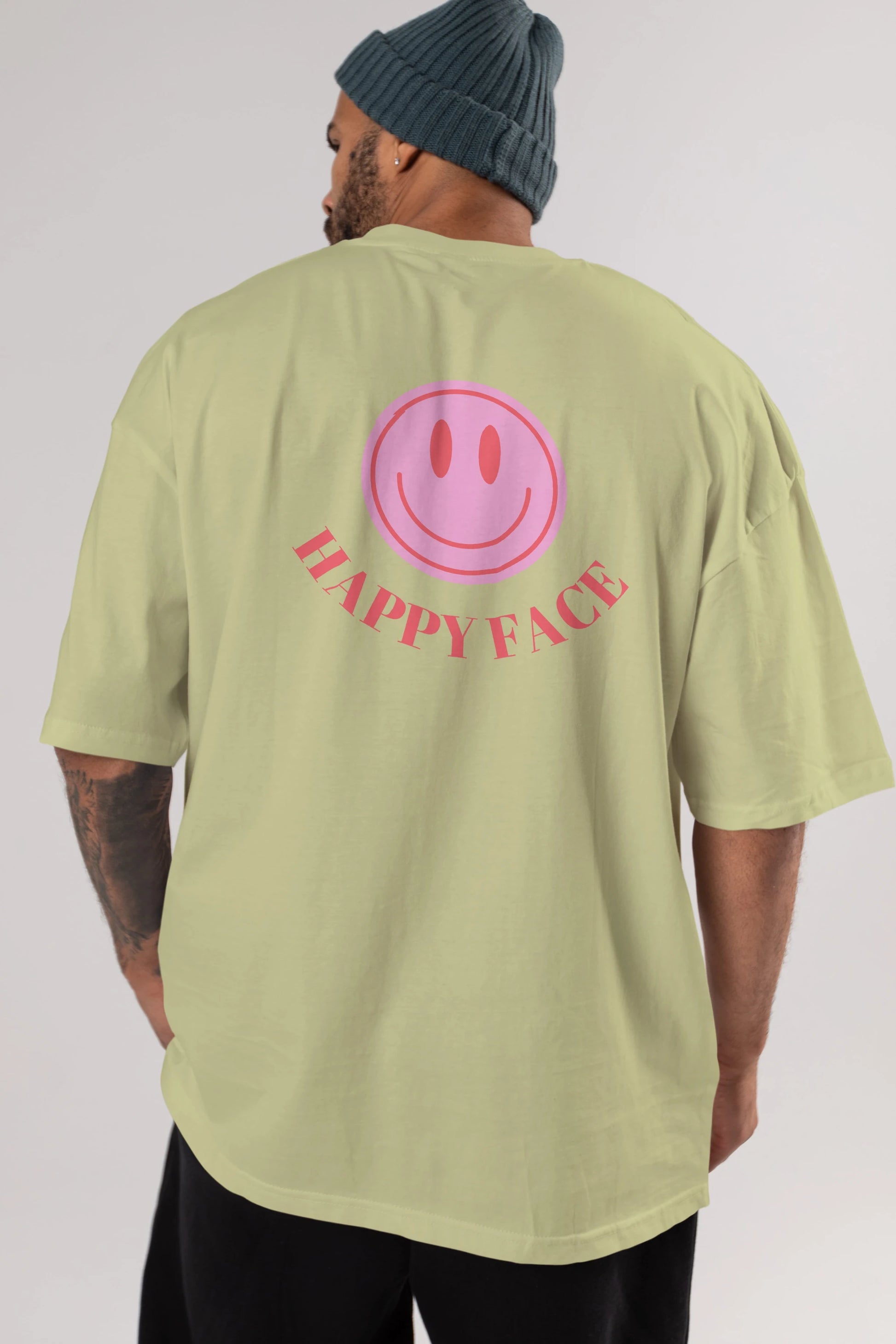 Happy Face Yazılı Arka Baskılı Oversize t-shirt Erkek Kadın Unisex