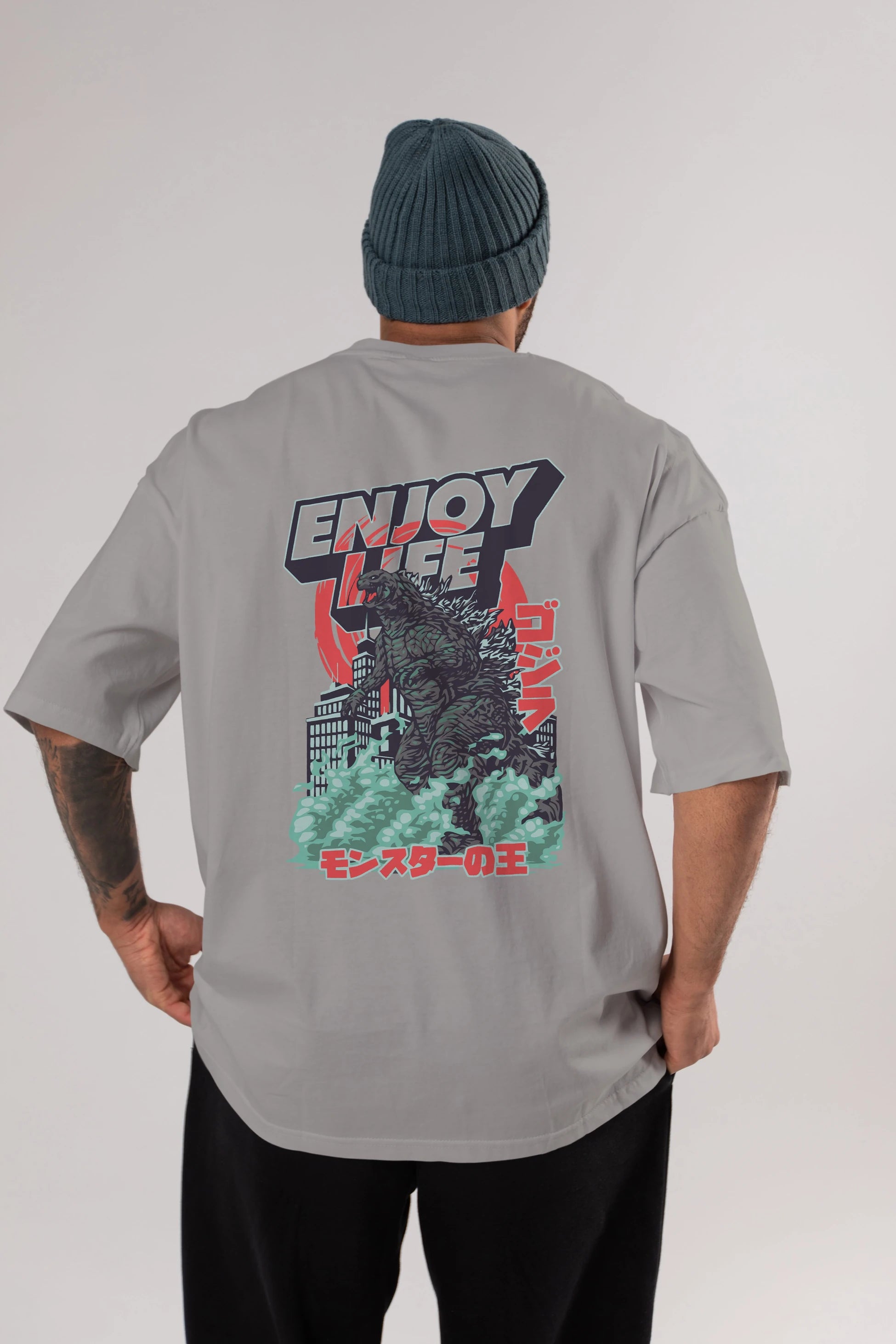 Godzilla Arka Baskılı Oversize t-shirt Erkek Kadın Unisex %100 Pamuk Bisiklet Yaka tişort