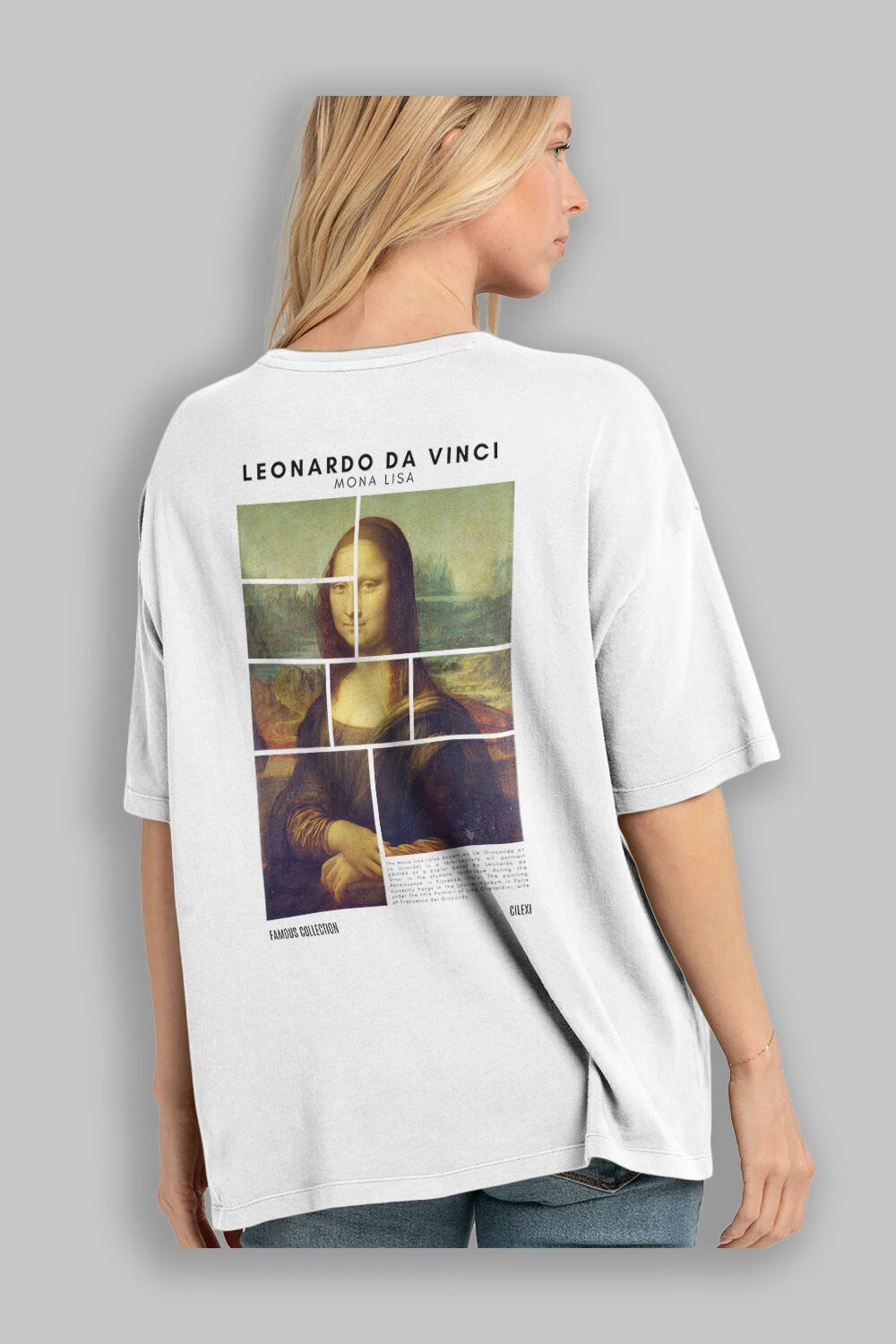 Leonardo Da Vinci Mona Lisa Arka Baskılı Oversize t-shirt Erkek Kadın Bisiklet Yaka Pamuk tişort