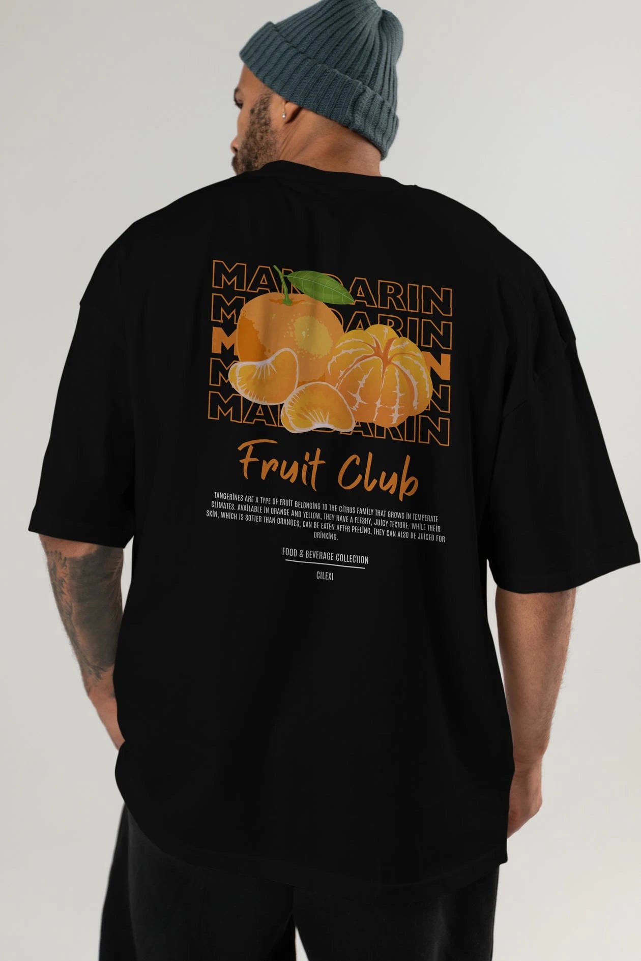Mandarin Arka Baskılı Oversize t-shirt Erkek Kadın Pamuk Bisiklet Yaka tişort